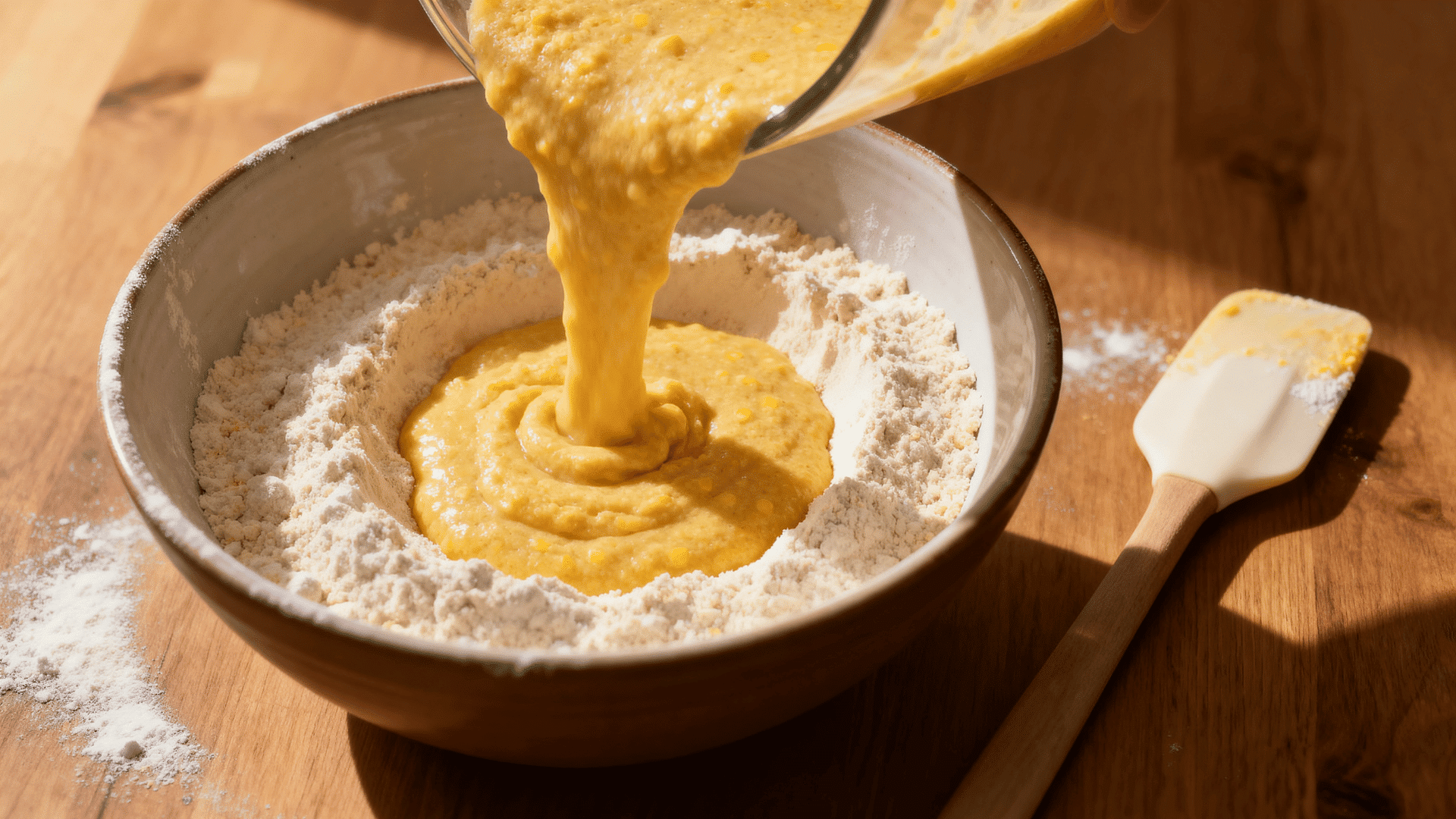 sweet cornbread batter being mixed in a bowl on a wooden counter