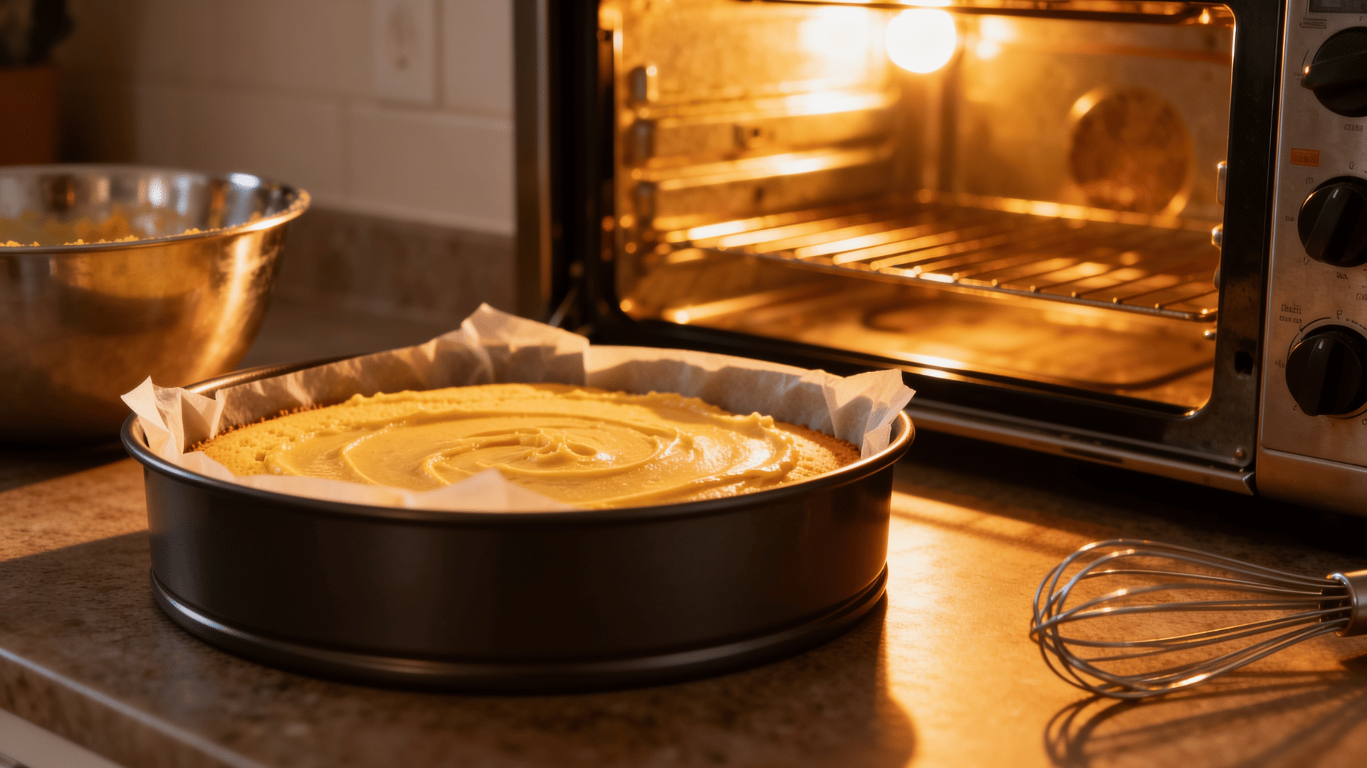 sweet cornbread batter spread in a baking pan before baking