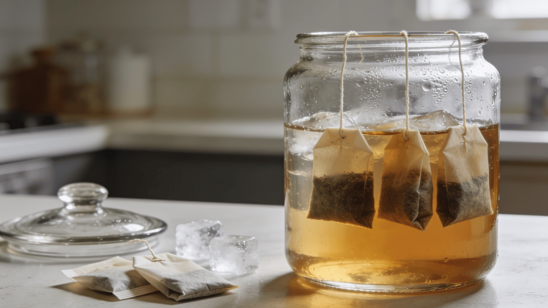 tea bags fully submerged in cold water inside a glass jar as the tea slowly turns a warm golden brown