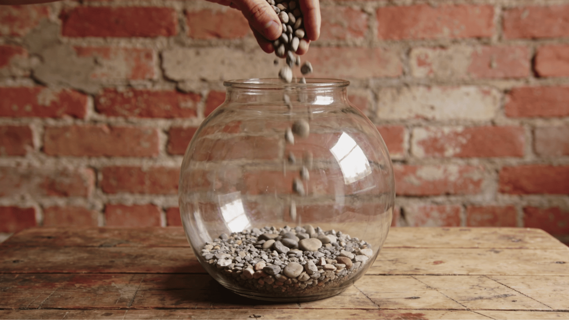 adding pebbles and stones as the drainage layer in a clear glass terrarium container