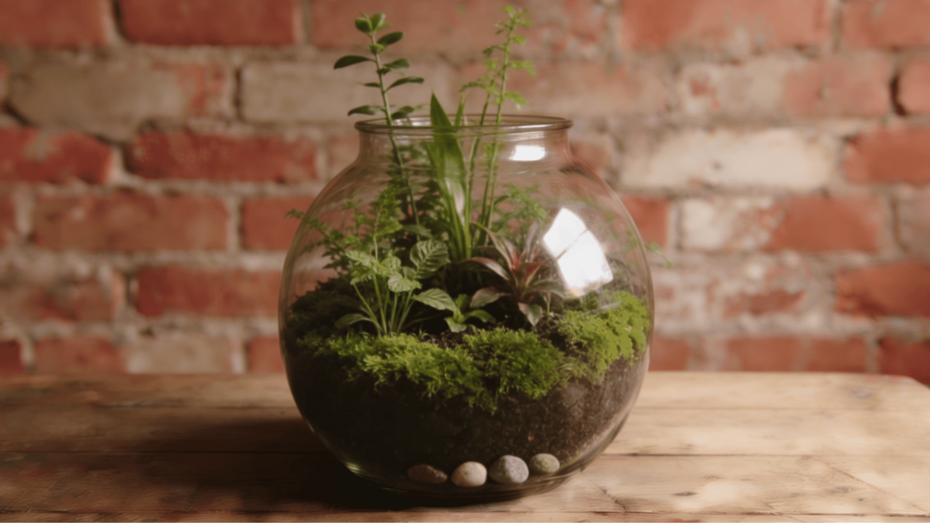 finished terrarium with moss stones and decorative elements added around the plants