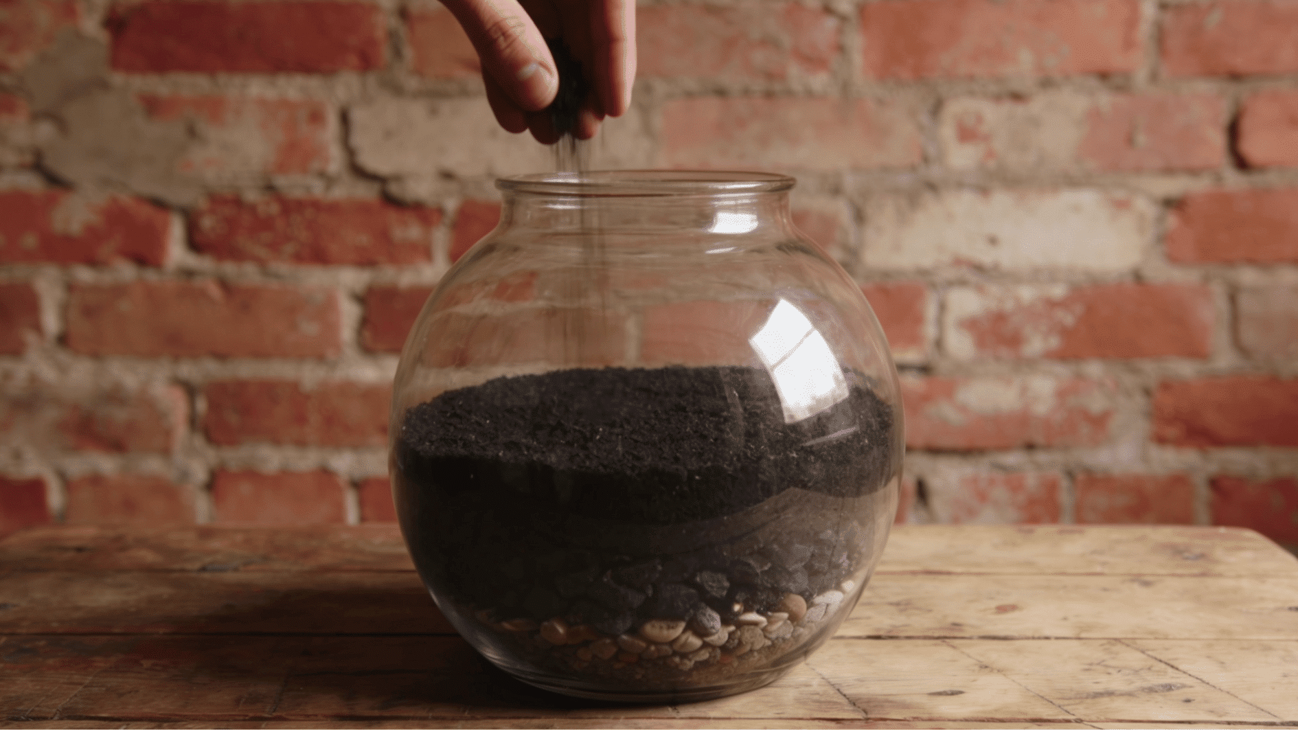 adding potting soil over charcoal to prepare a terrarium base for planting