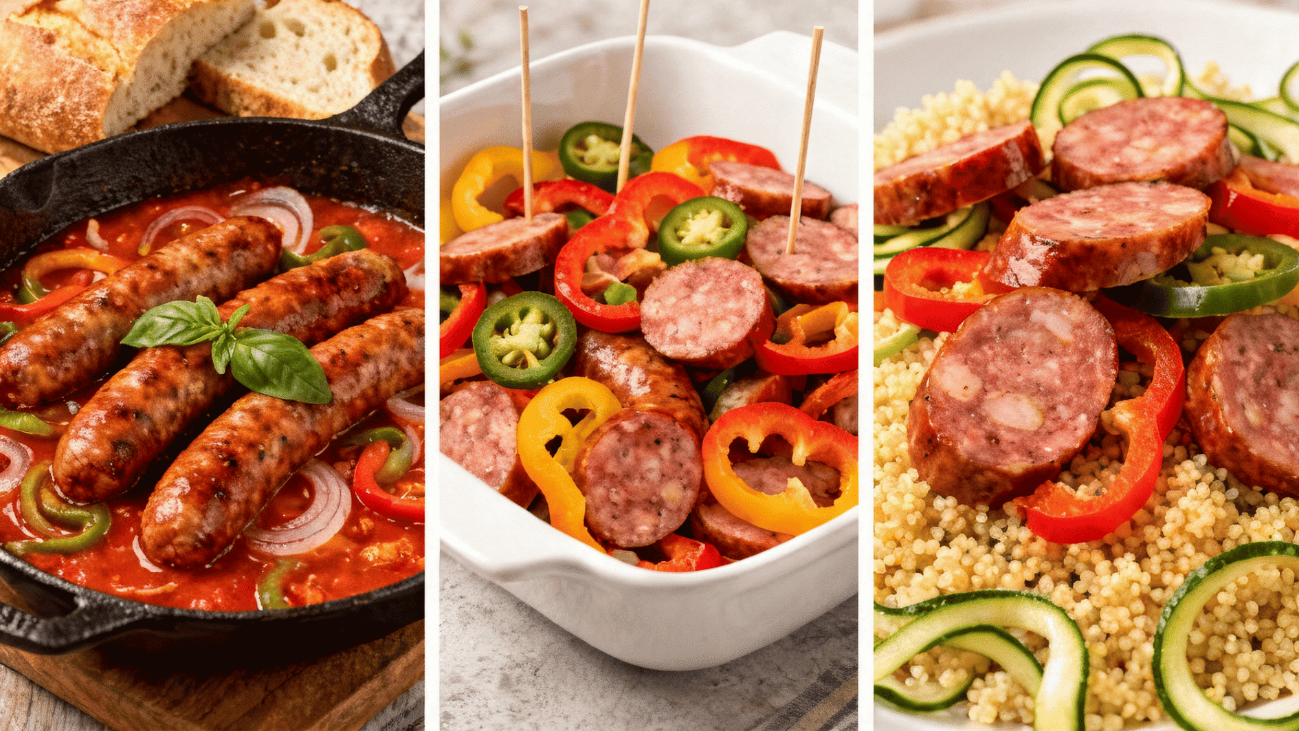 three sausage meal ideas featuring grilled sausages in tomato sauce skewered sausage bites and sliced sausage over couscous with vegetables