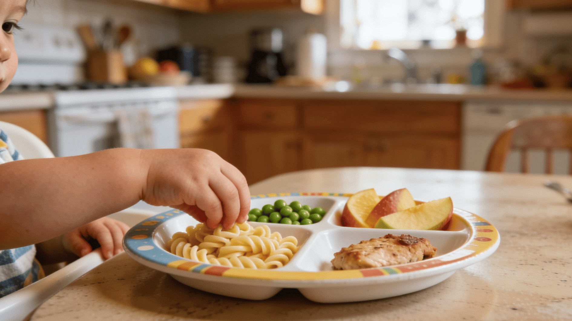 toddler divided plate with pasta peas fruit and protein kept separate for an organized mealtime at home