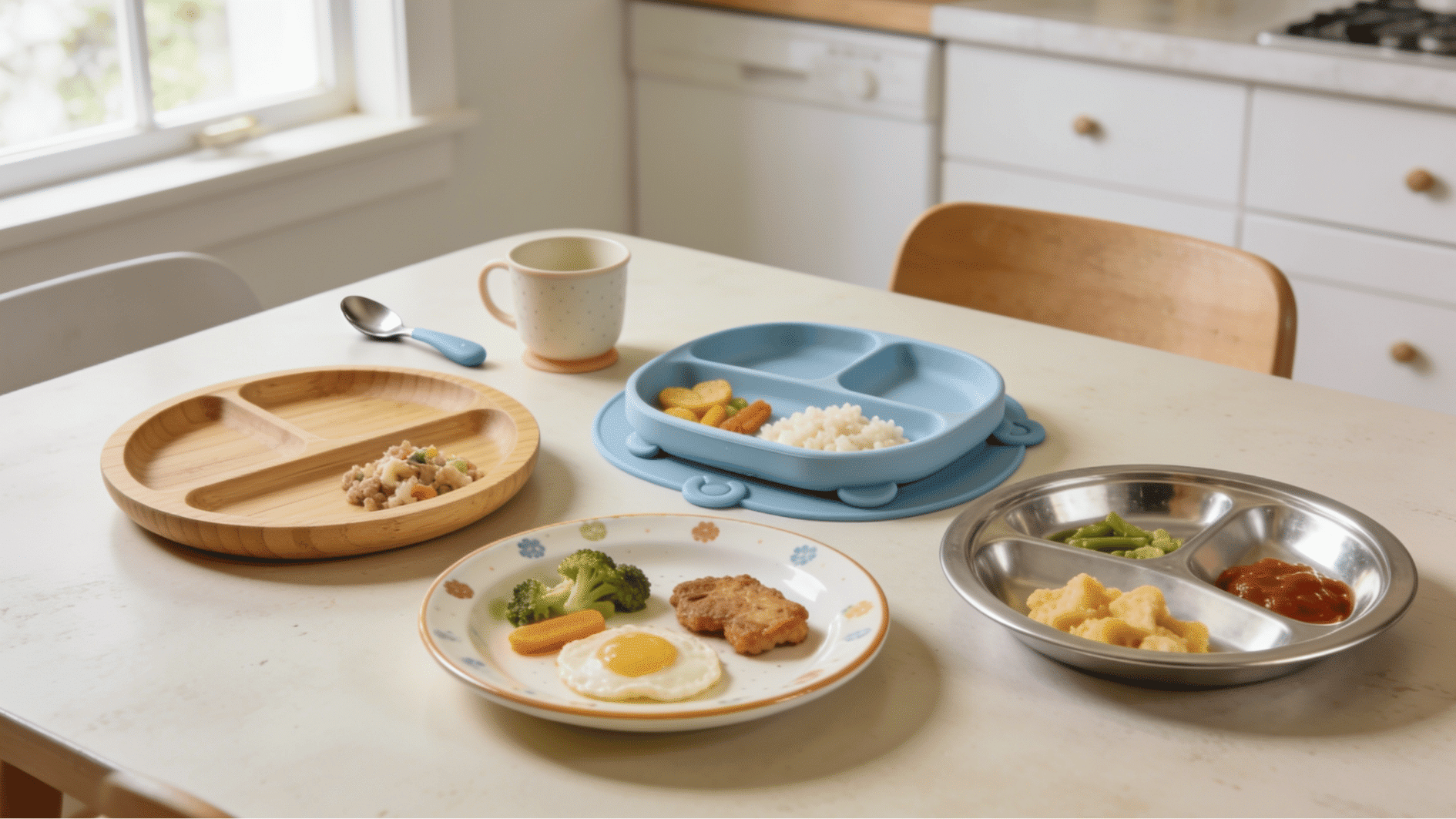 toddler using a safe plate during a realistic home mealtime with food portions on the table (1)