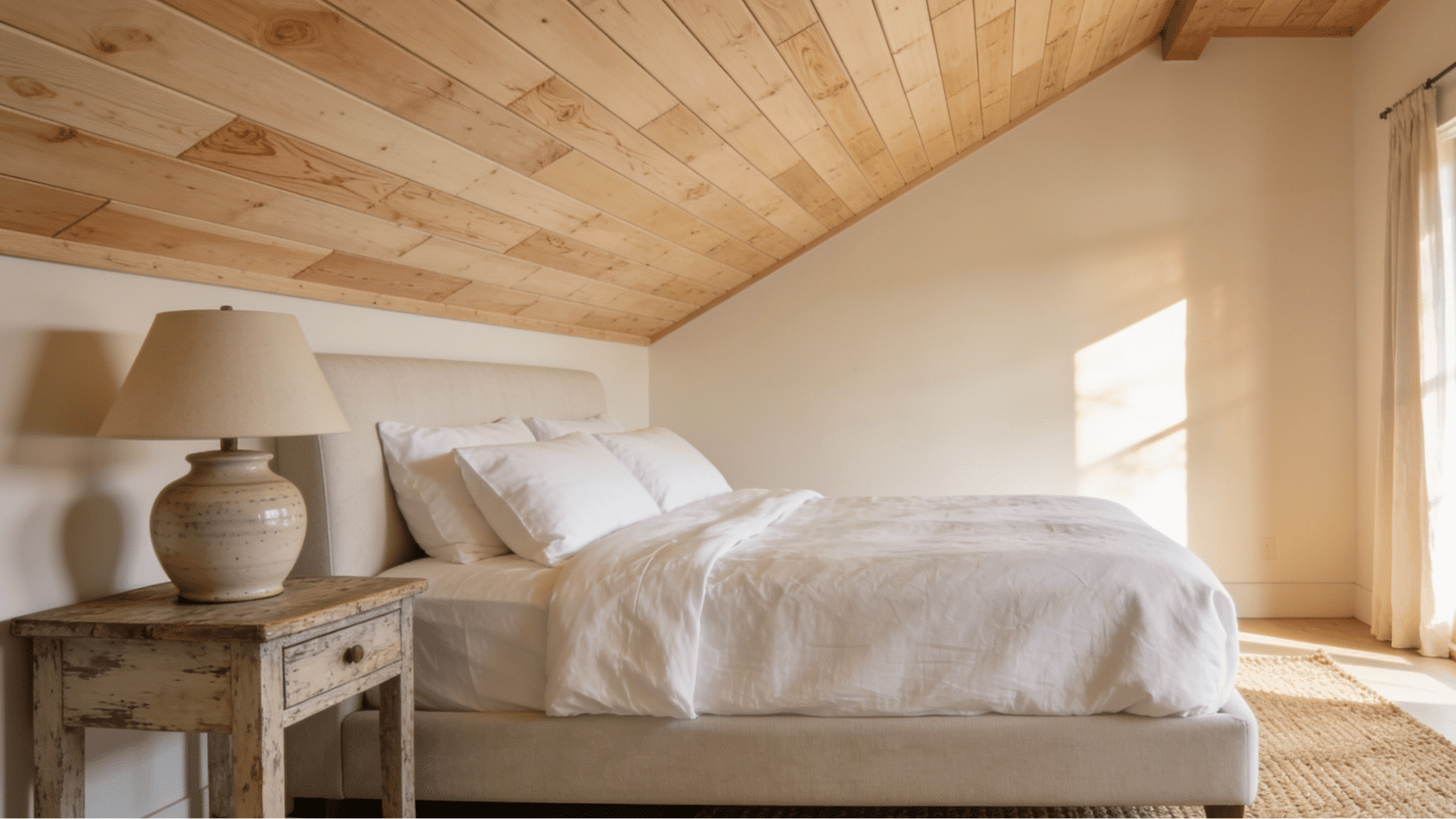 tongue and groove light oak wood ceiling in a cozy coastal farmhouse bedroom with soft natural daylight