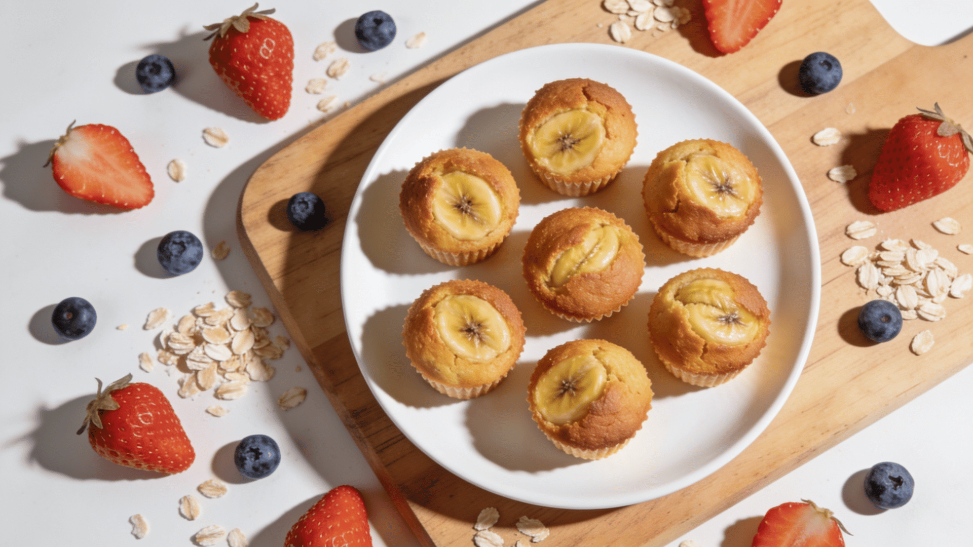 top view of mini banana muffins on a white plate with fresh strawberries, blueberries, and rolled oats on a wooden board