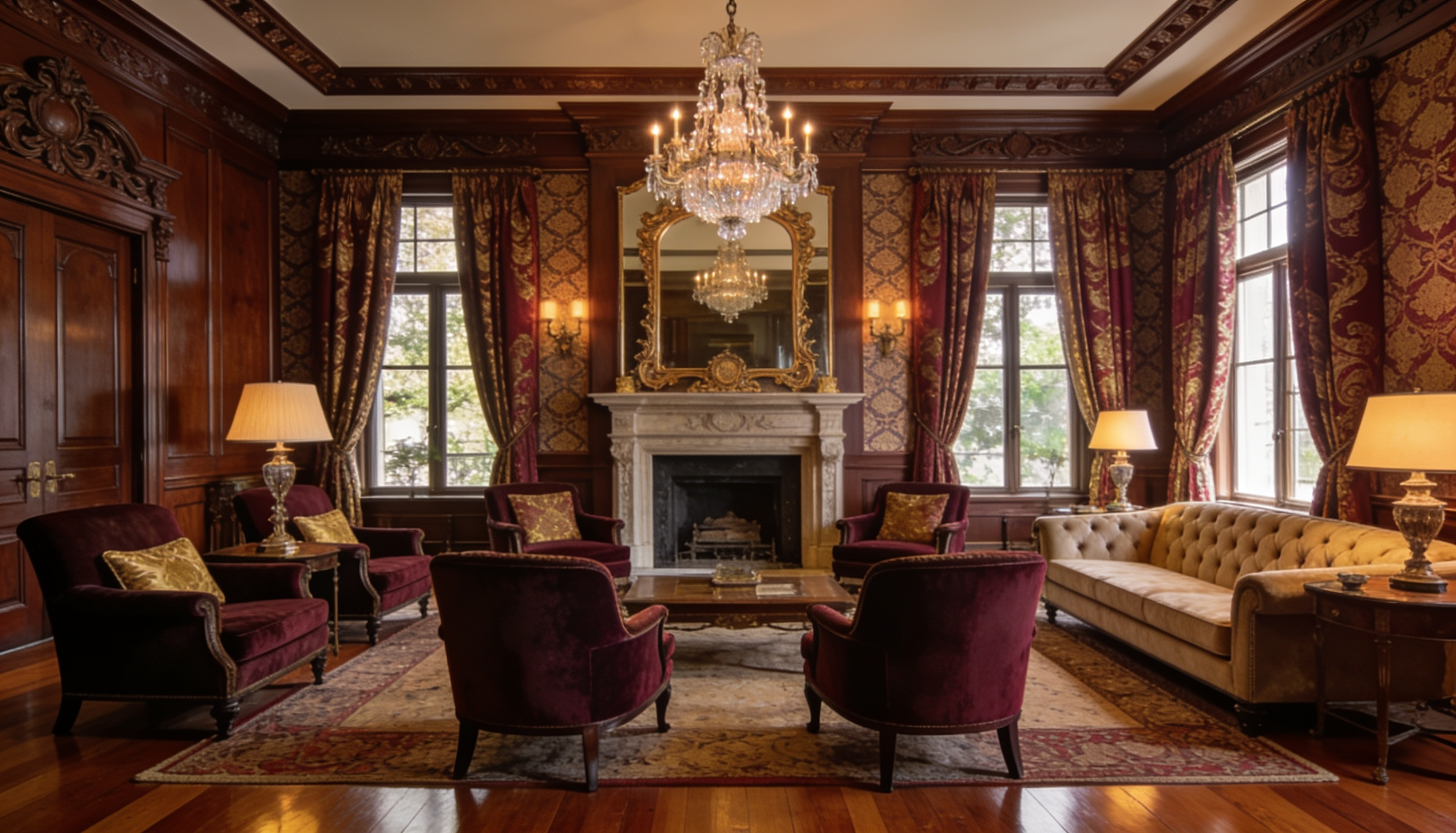 traditional living room with rich wood furniture symmetrical layout classic decor and warm elegant lighting