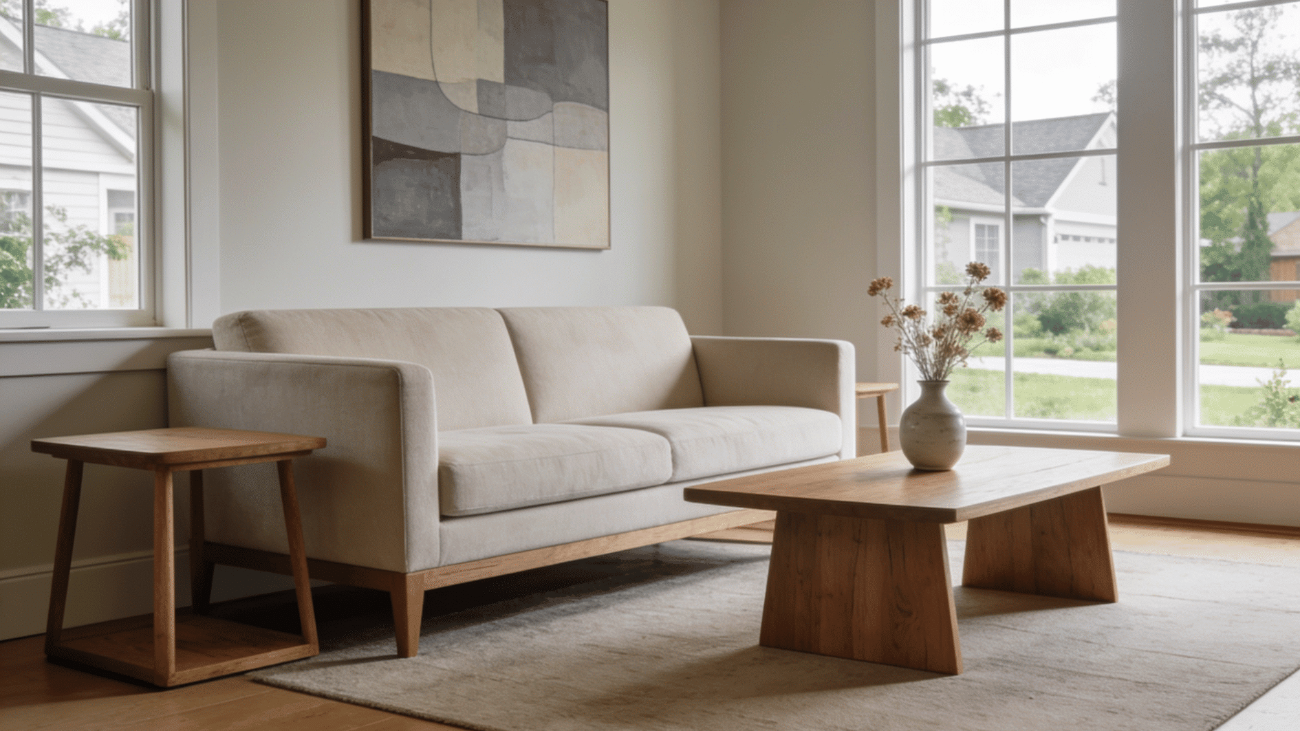 transitional living room blending modern and classic style with neutral tones and clean balanced design