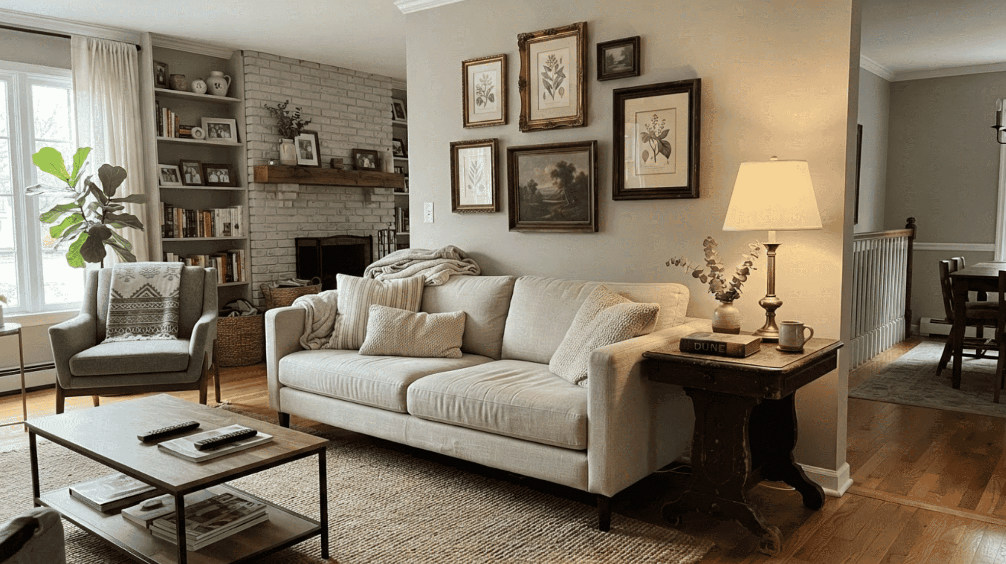 transitional living room mixing modern furniture with antique wooden pieces