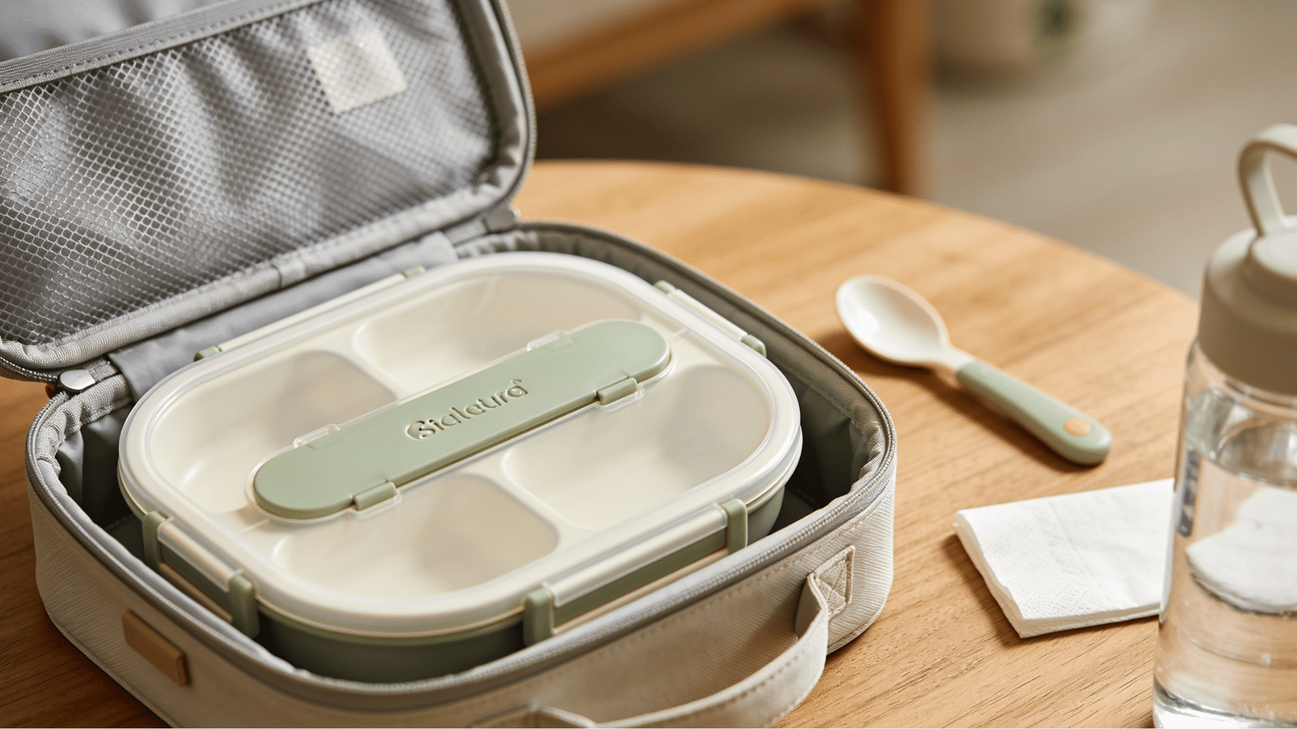 **Alt Text:** travel plate for kids with divided compartments inside an open lunch bag with spoon and water bottle on a table
