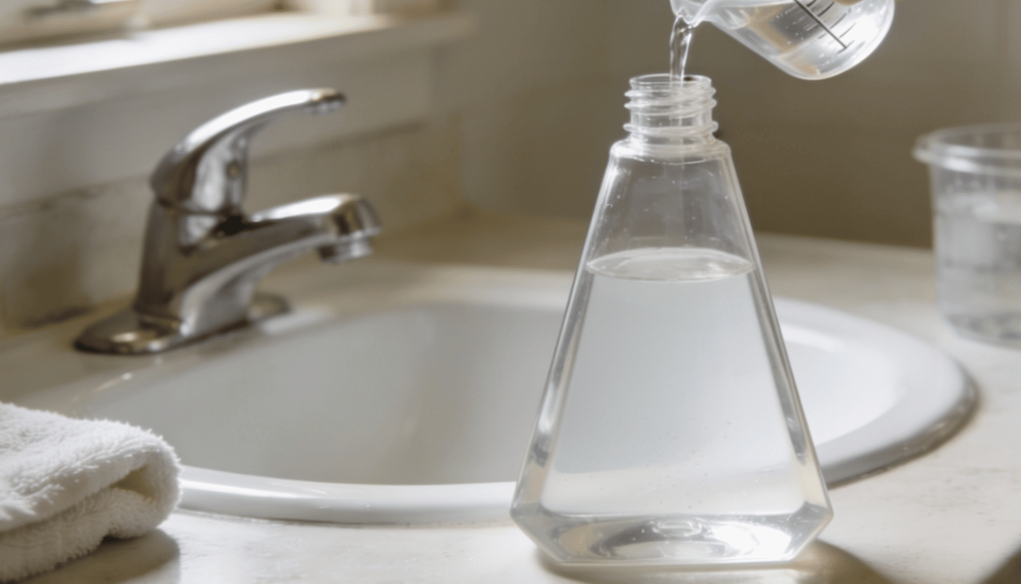 triangular foaming soap dispenser being filled with distilled water on bathroom counter