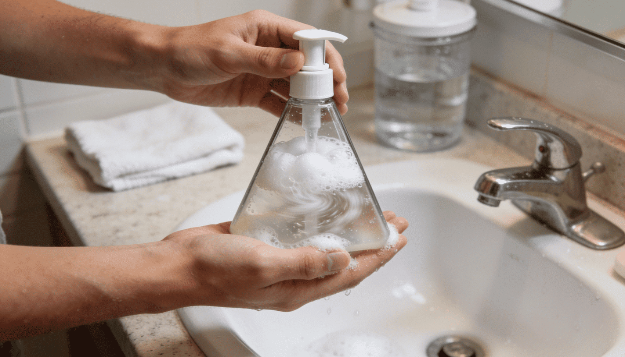 triangular foaming soap dispenser gently swirled to mix soap and water solution
