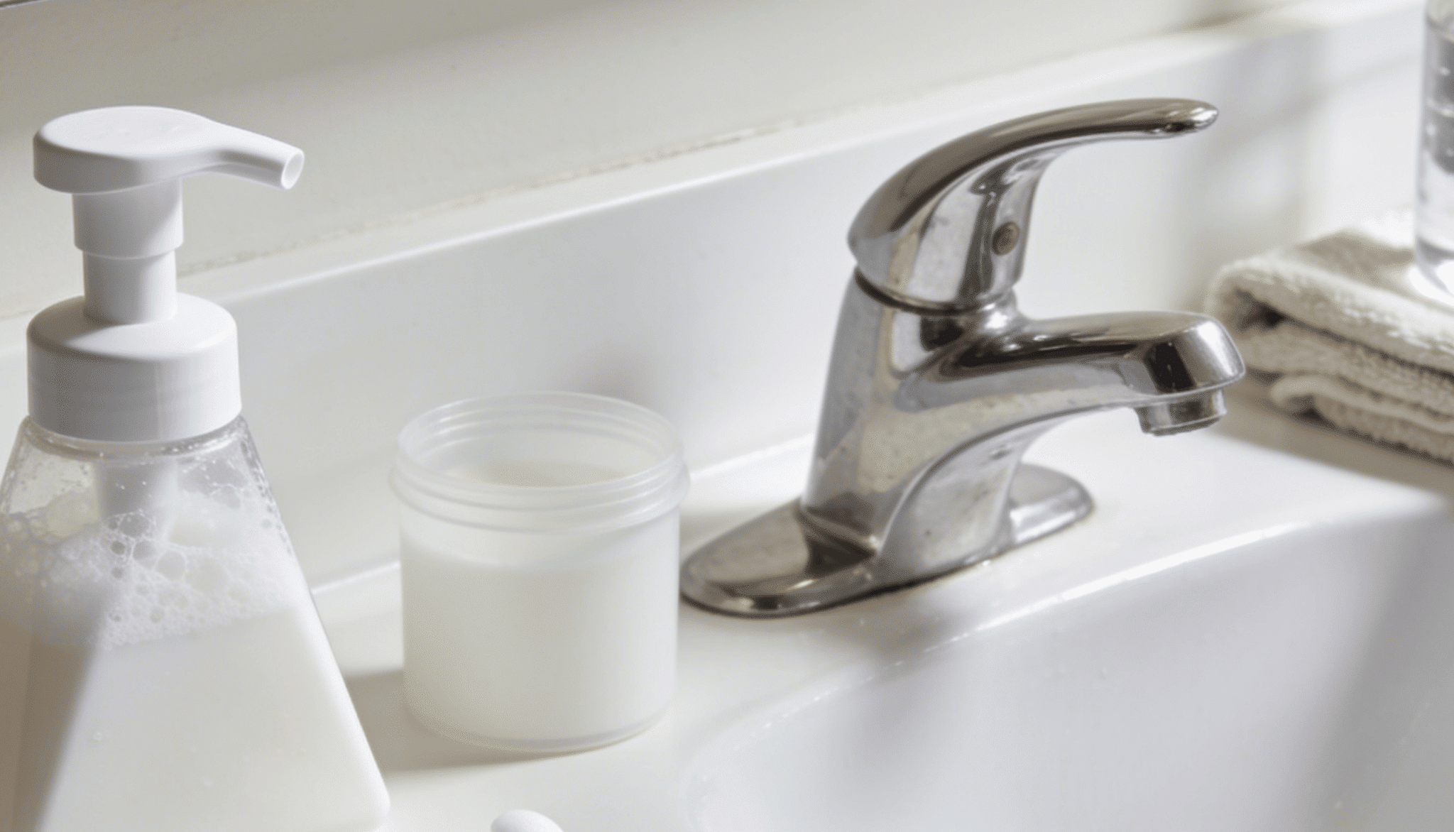 triangular foaming soap dispenser with white cap showing tested foam beside sink