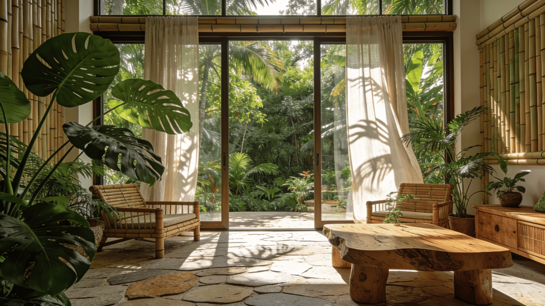 tropical living room with lush plants bamboo furniture natural light and fresh airy jungle inspired interior