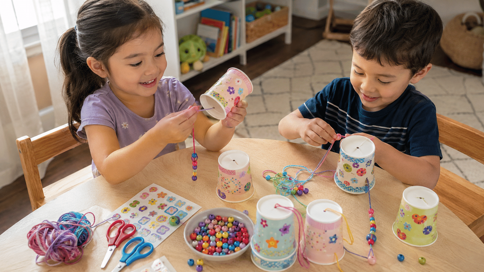 two children making beaded string crafts using decorated paper cups at wooden table indoors playtime