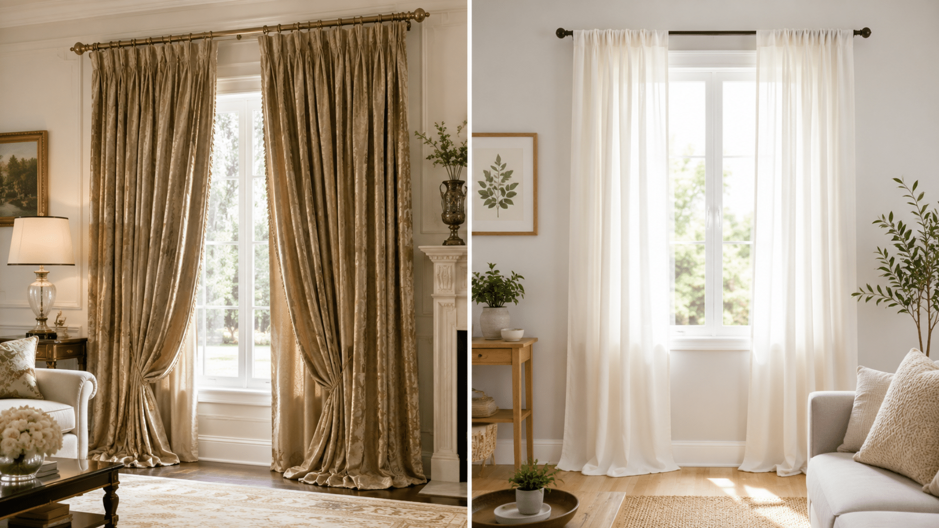 two panel collage comparing heavy gold drapes in a formal room with light white curtains in a bright living room
