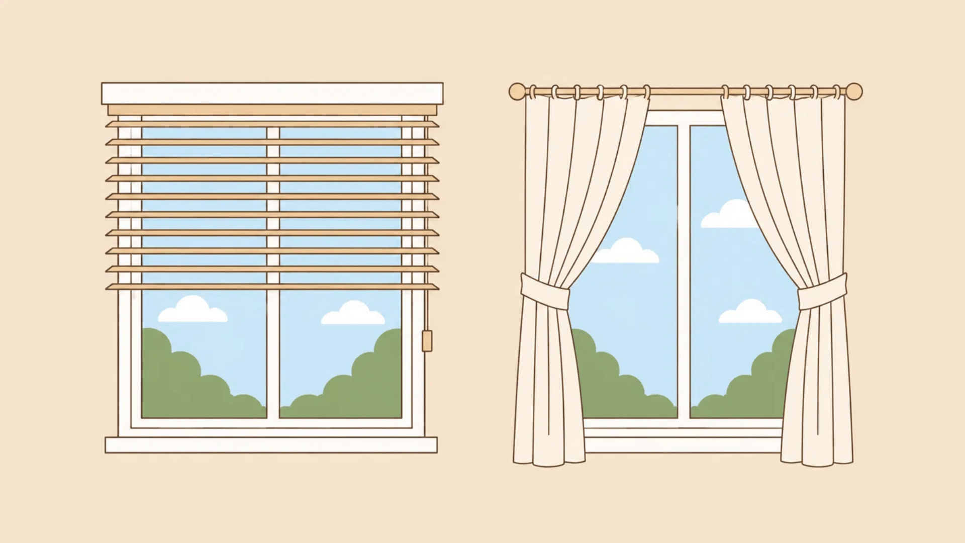 two side-by-side windows on a beige wall, one with horizontal wooden blinds and one with tied-back fabric curtains, flat vector style.