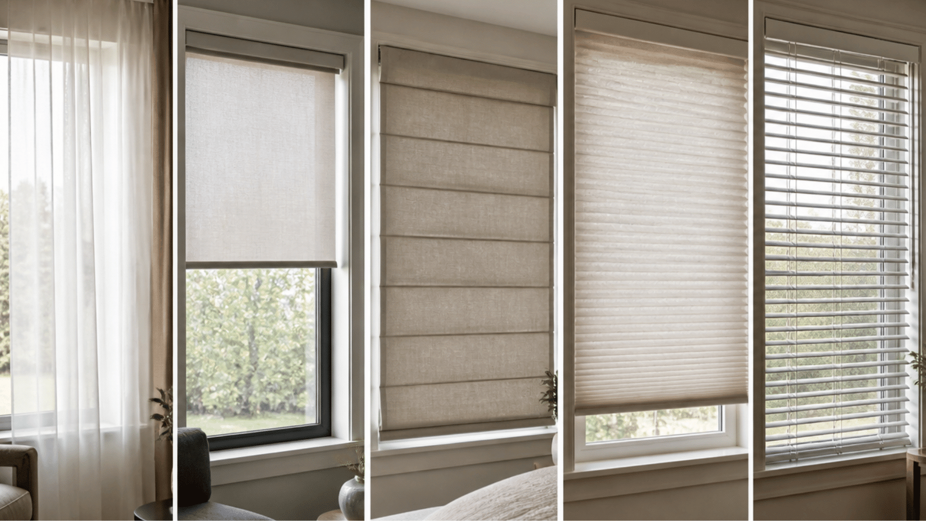 different window base layers including sheer curtains, roller shades, roman shades, cellular shades, and blinds for light control