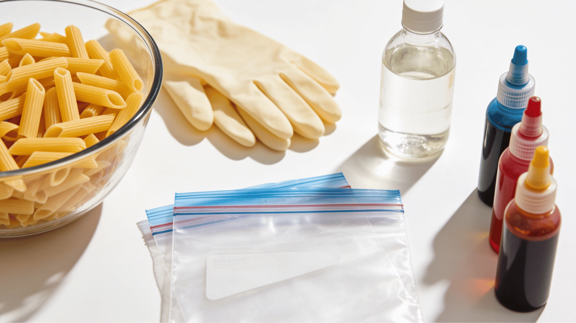 uncooked dry pasta in a bowl next to zip lock bags gloves white vinegar and food coloring on a counter