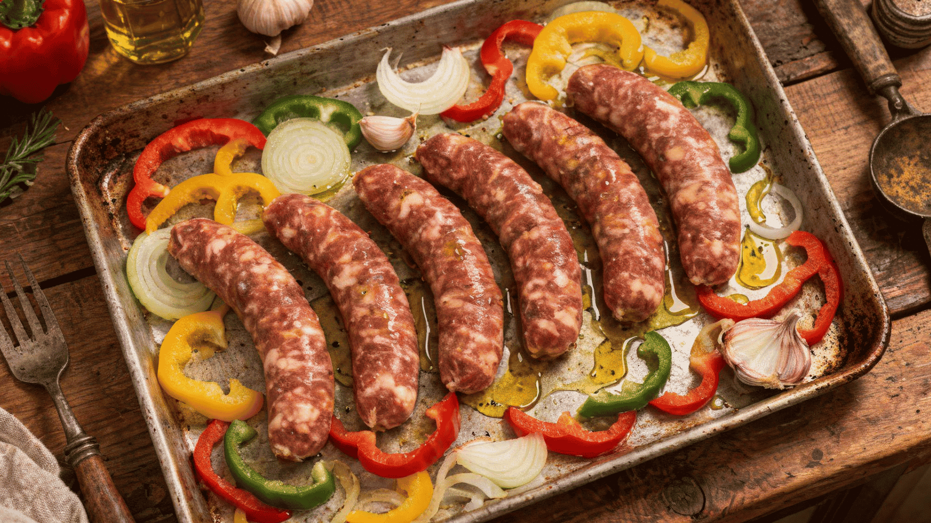 uncooked sausages arranged on a baking tray with colorful peppers onions garlic and olive oil