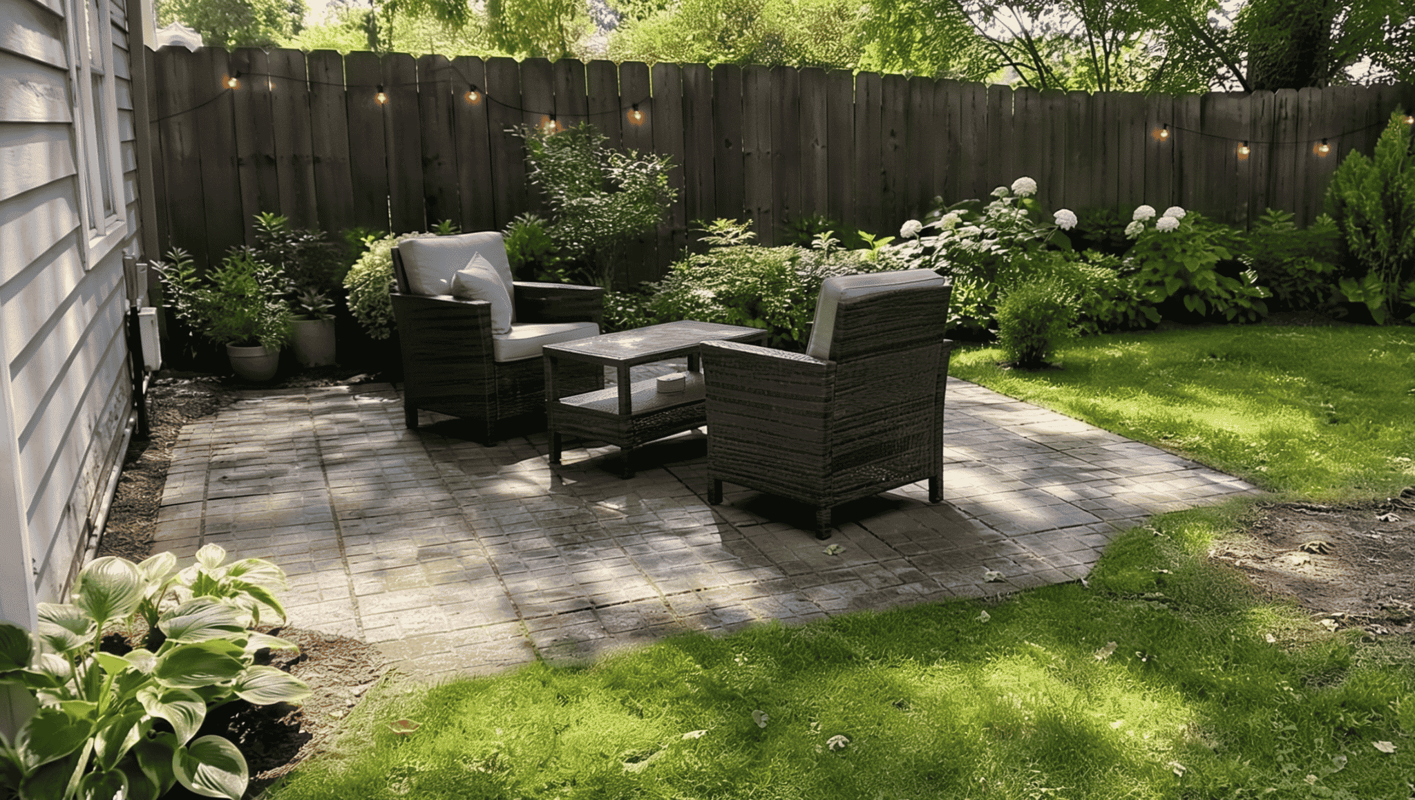 updated backyard space with seating and plants showing a simple outdoor home renovation idea