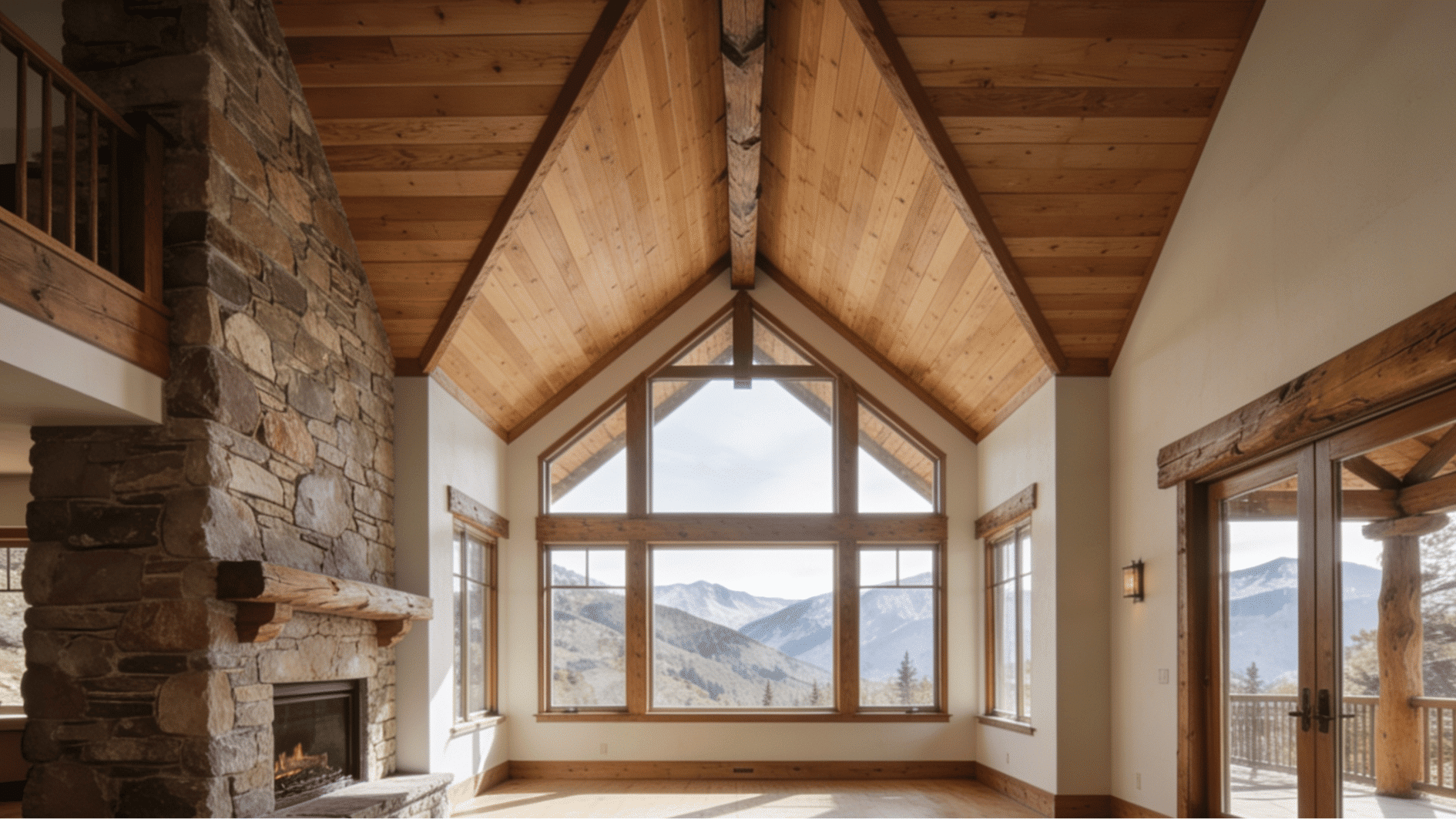 vaulted wood ceiling with natural wood panels in a mountain modern great room with large windows and natural daylight