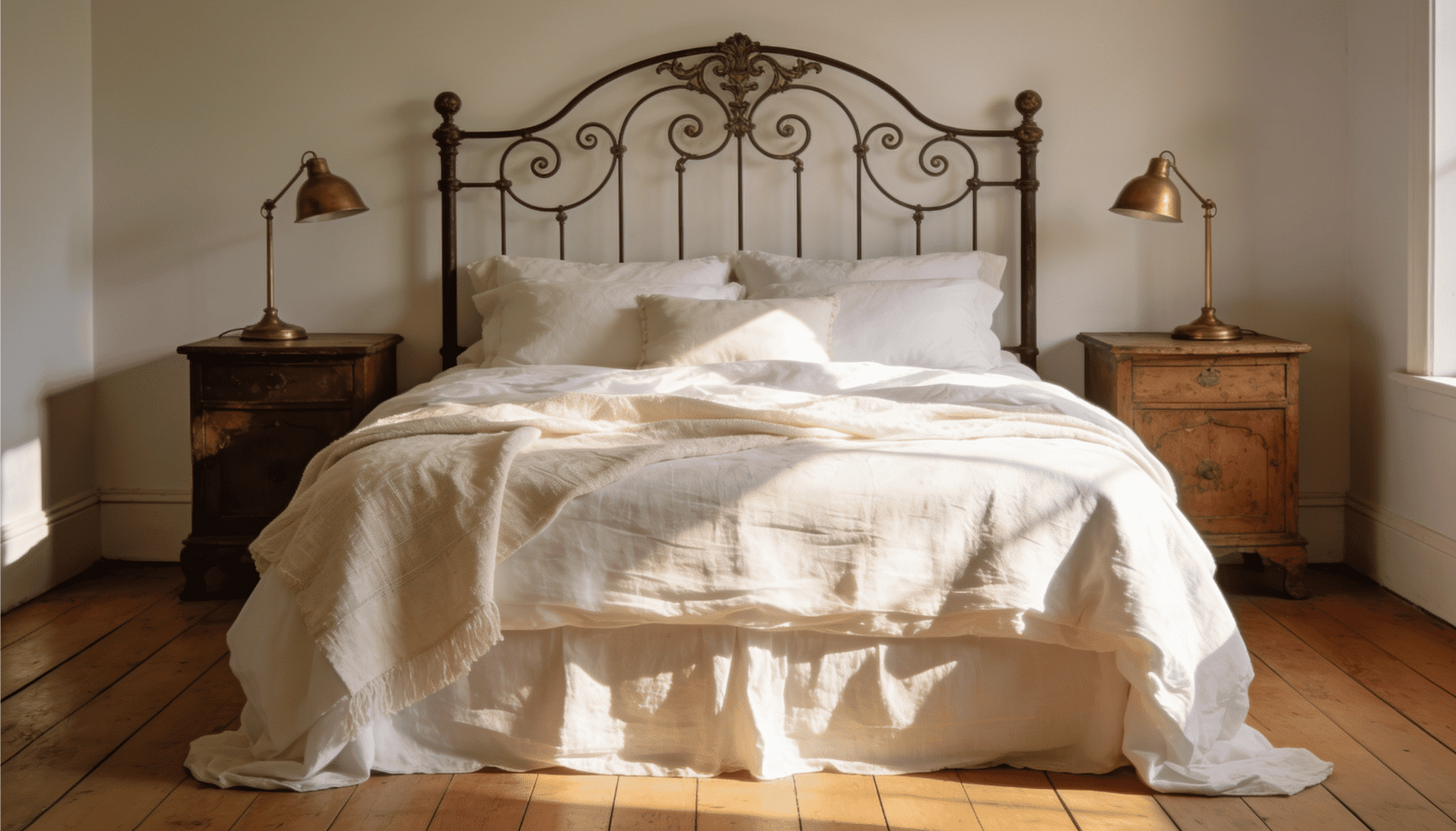 vintage wrought iron bed with white linens, brass lamps, and antique wooden nightstands in a sunlit bedroom