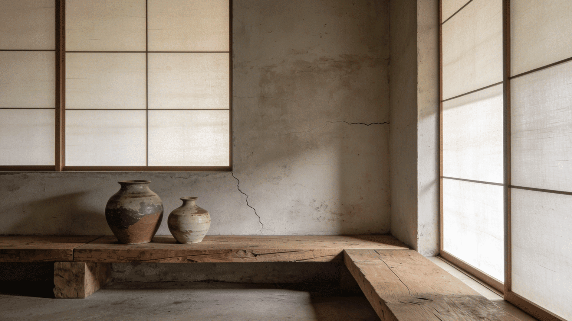 wabi sabi interior with raw wood imperfect ceramics muted tones and calm natural minimalist aesthetic space