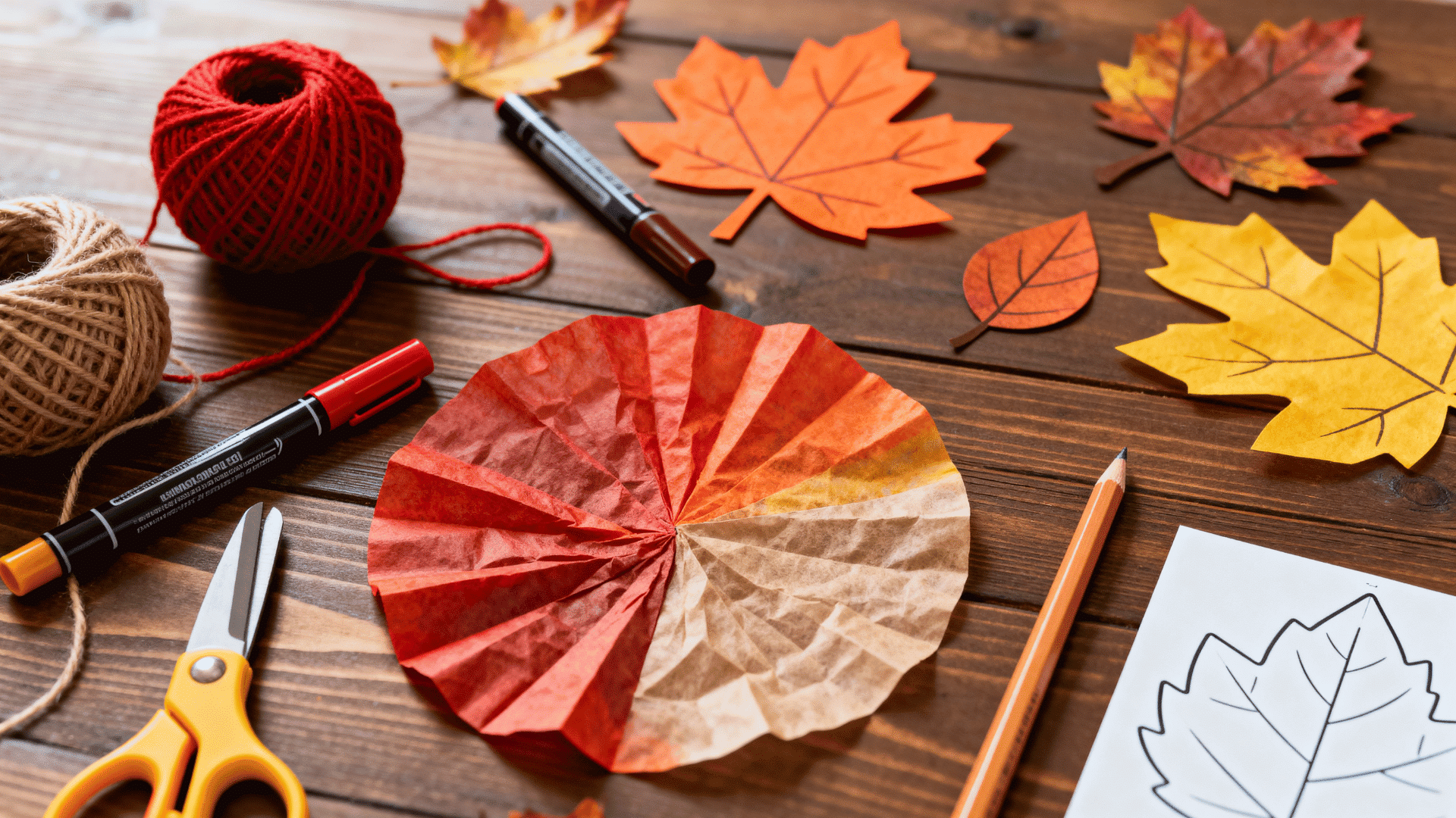 warm fall coffee filter leaves cut into shapes on a table with markers, yarn, scissors, and a leaf template nearby