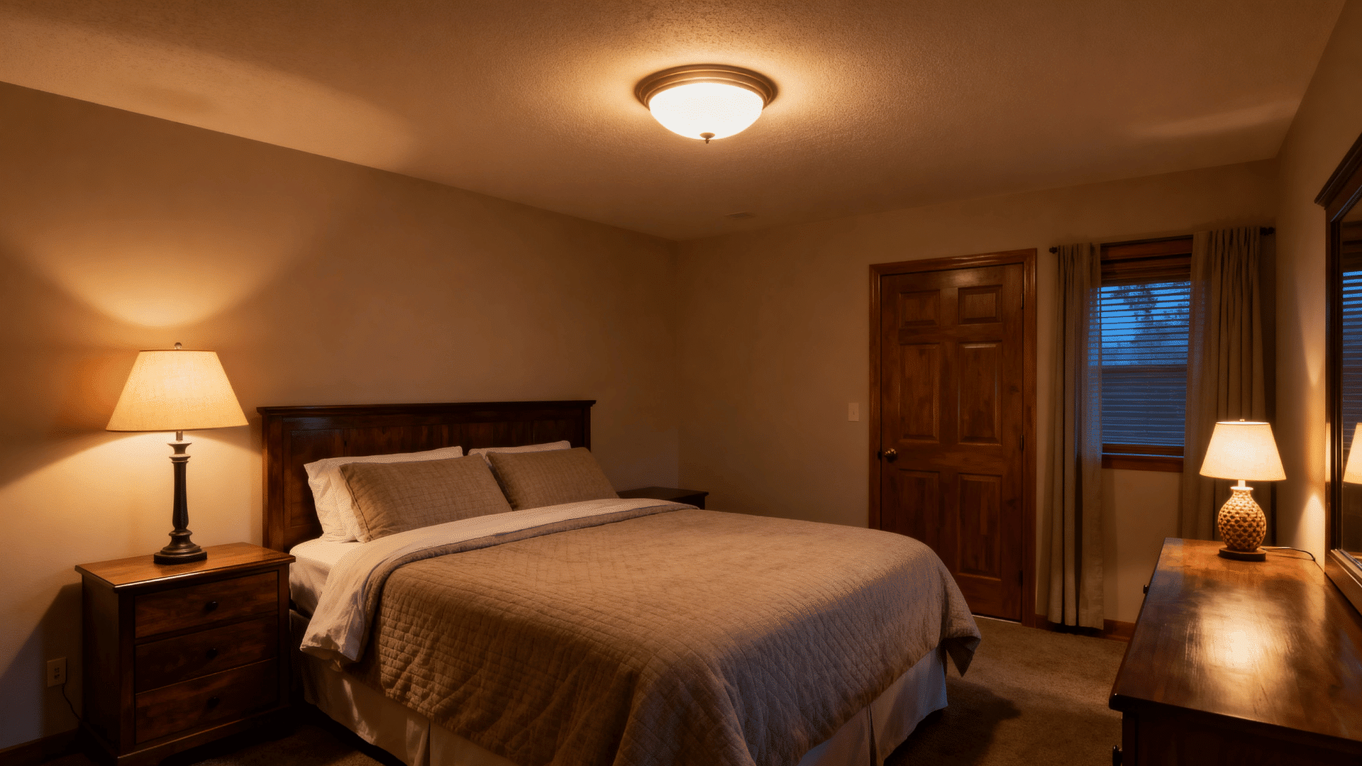 warm guest bedroom with dimmable ceiling light bedside lamp dresser lamp and soft evening glow through room now