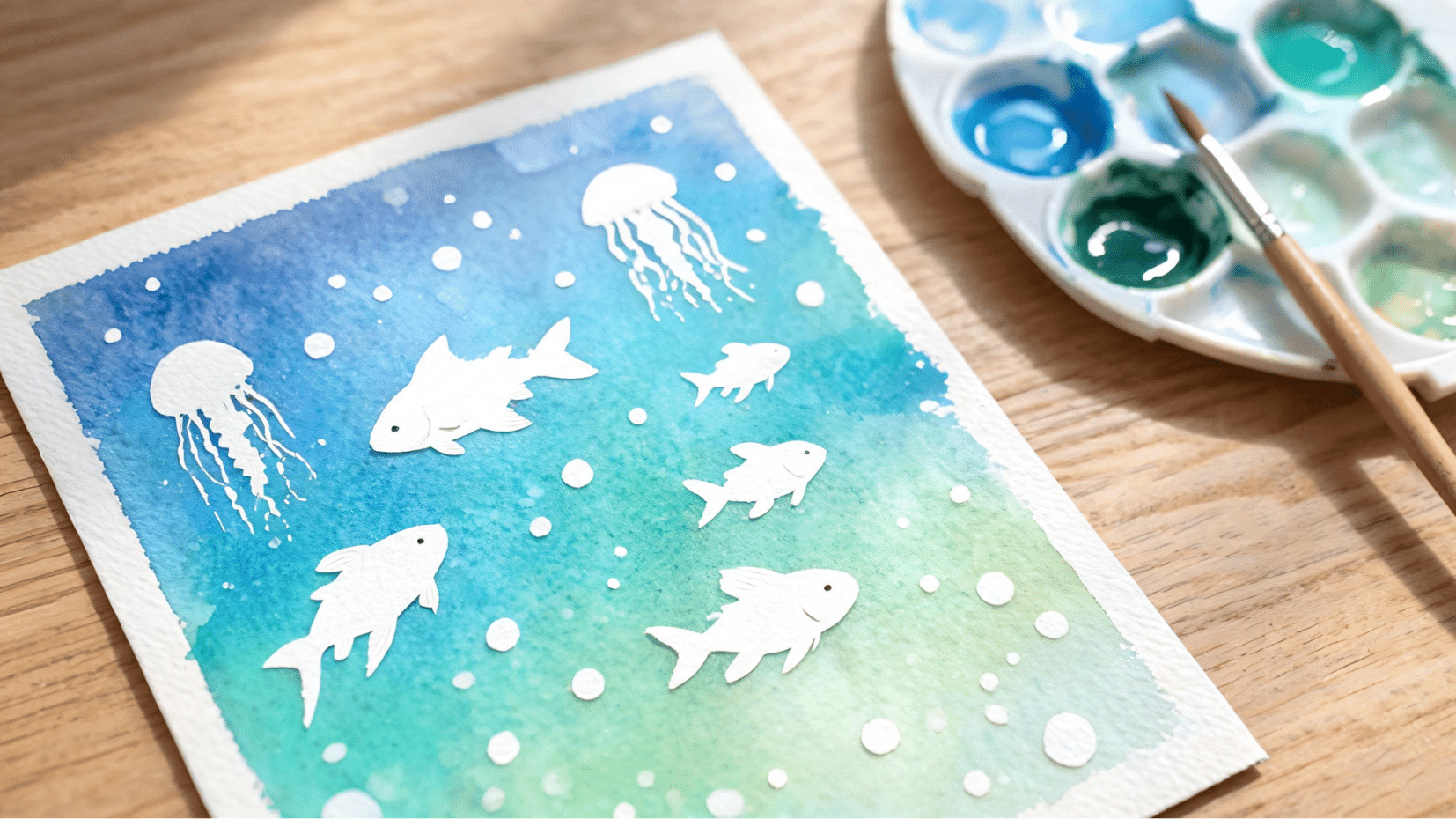 watercolor of fish and jellyfish on table with paintbrush (1)