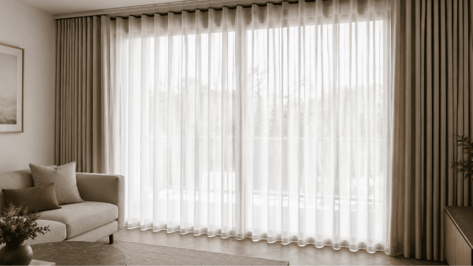 wave fold curtains with smooth s shaped folds in a modern living room with large windows and neutral decor