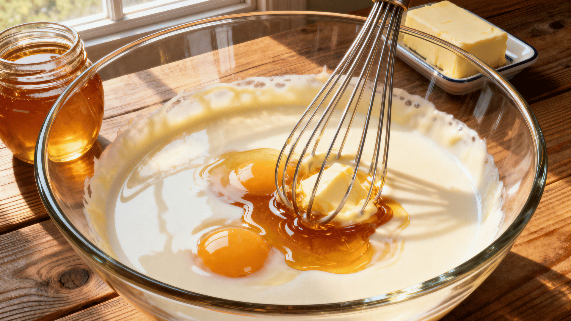 wet cornbread ingredients whisked in a glass bowl with honey nearby