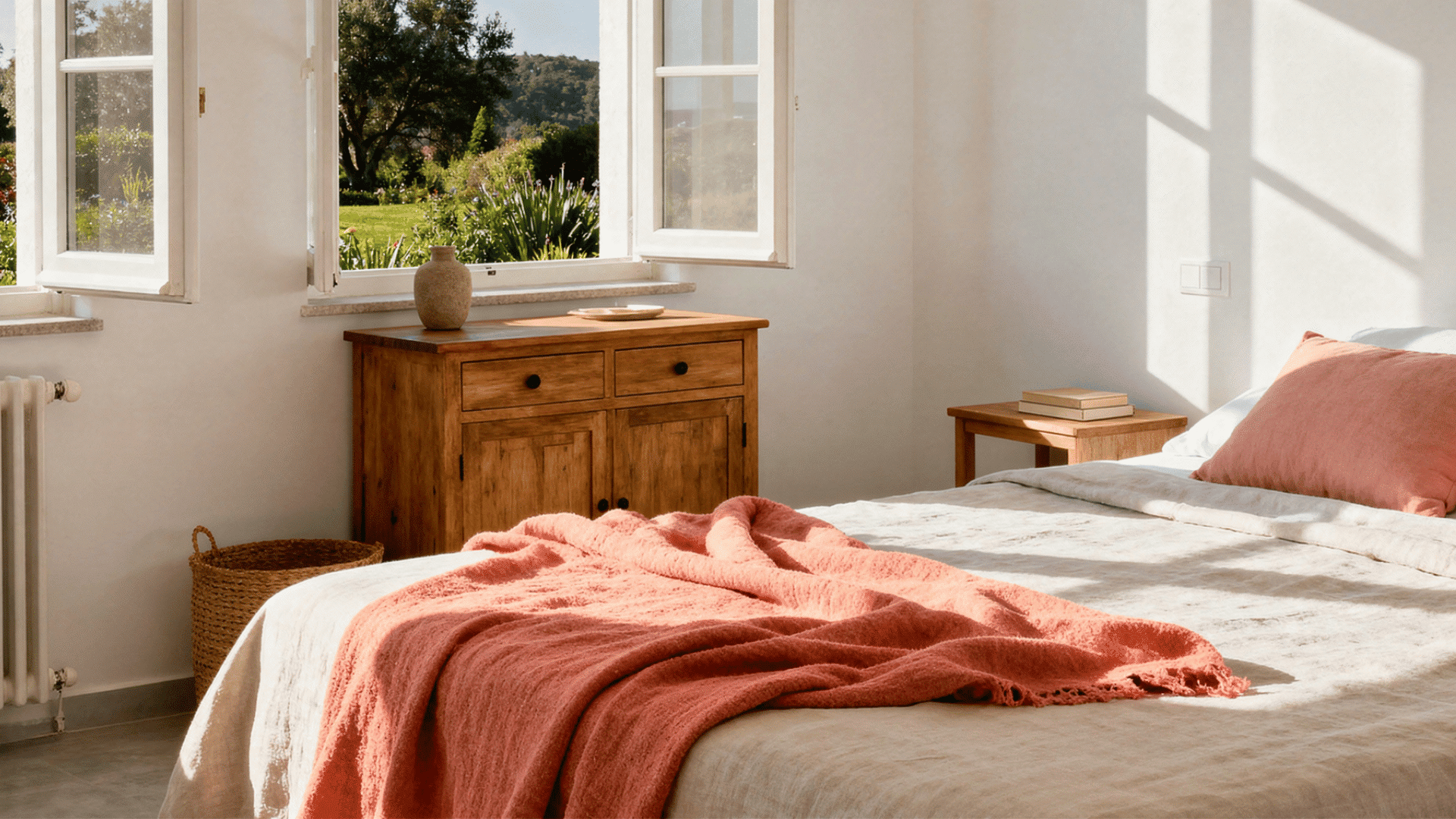 white bedroom with coral throw blush pillows wood furniture and warm indoor lighting balanced full room view