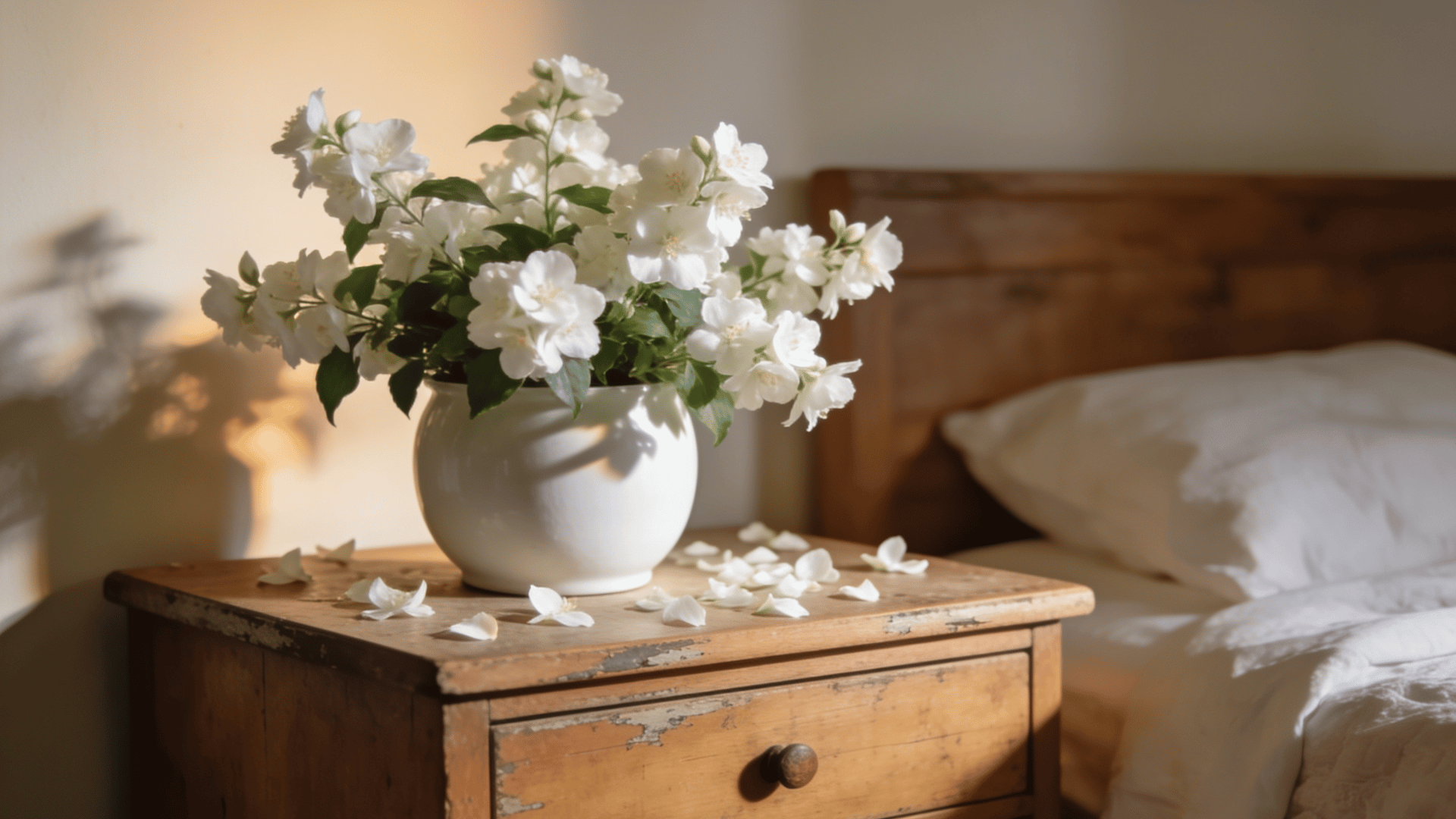 white jasmine flowers in a ceramic pot on a wooden bedside table beside a bed in a cozy bedroom