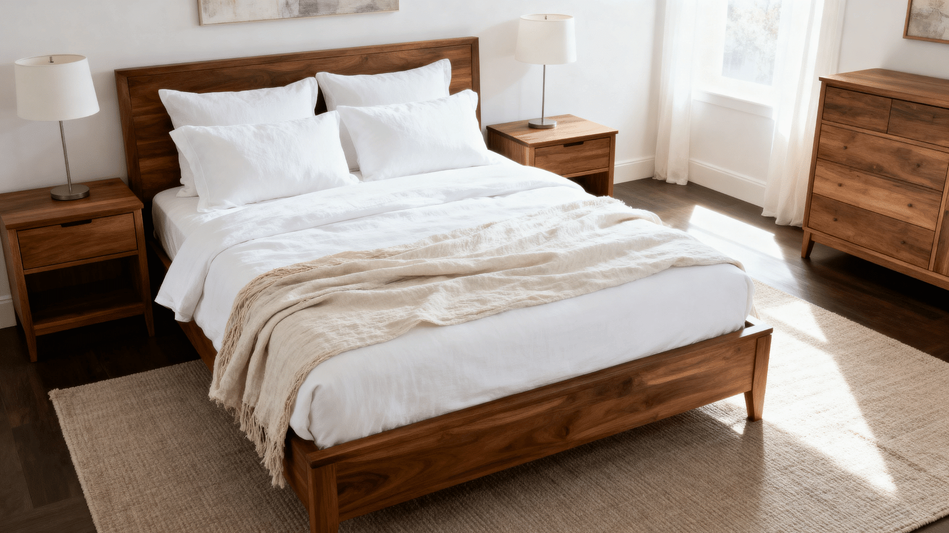 white linen bedding bedroom close interior with soft folds wood furniture and warm indoor lighting full room view