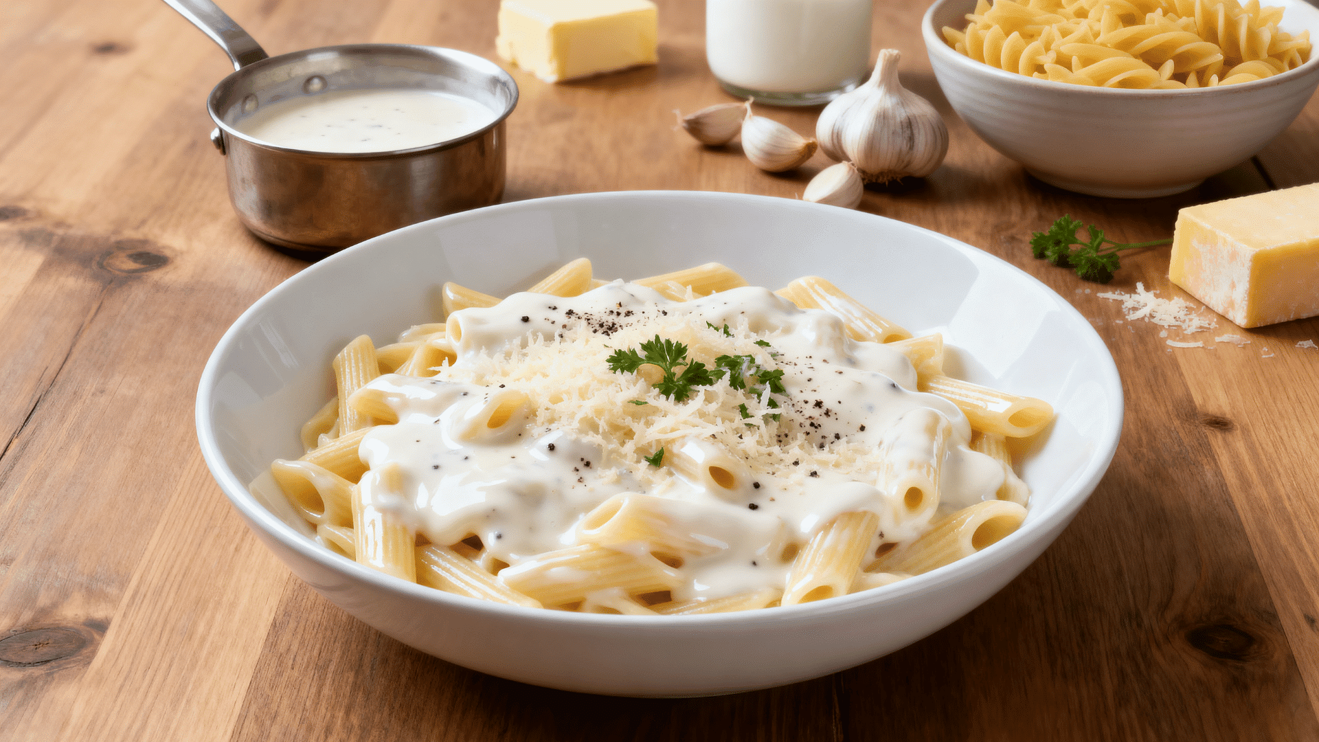 white sauce pasta in bowl topped with cheese parsley and black pepper on wooden table with ingredients in background