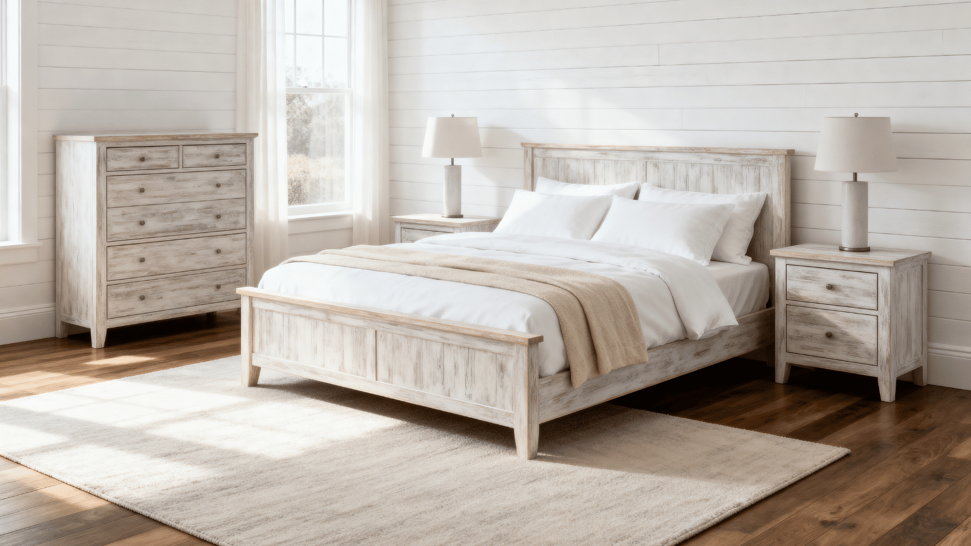 white shiplap bedroom with beige bedding wood furniture soft lighting and textured wall full room view