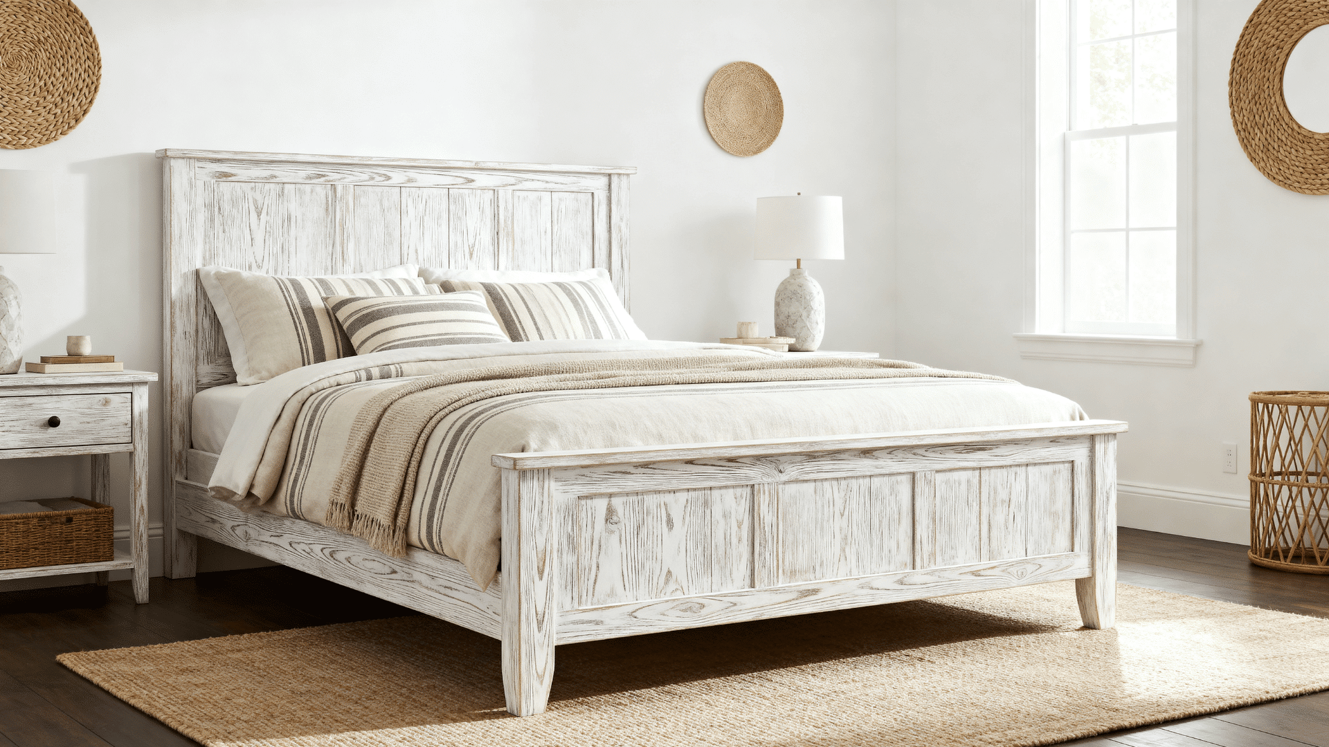 whitewashed wood bed frame bedroom with neutral bedding soft lighting and minimal decor full room view