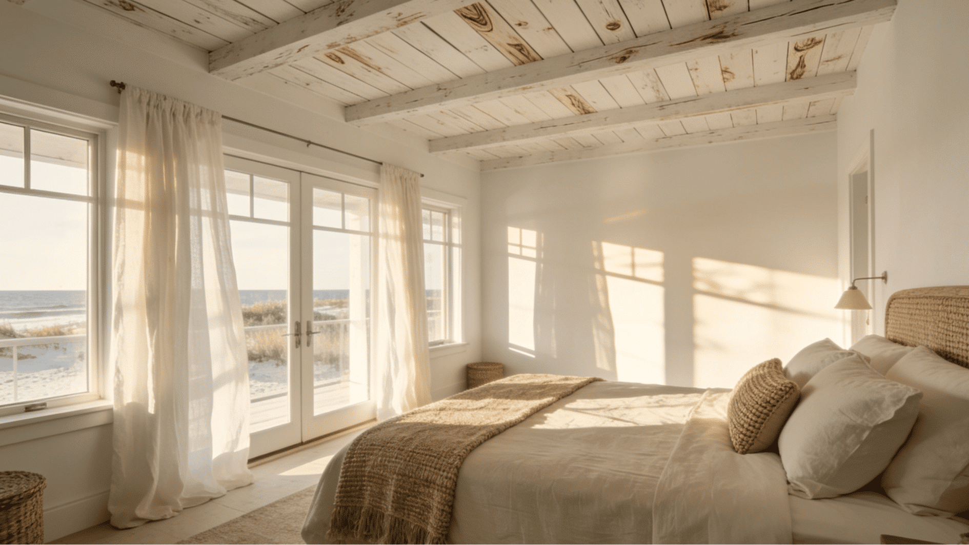 whitewashed wood ceiling with visible wood grain in a bright coastal farmhouse bedroom with soft natural daylight