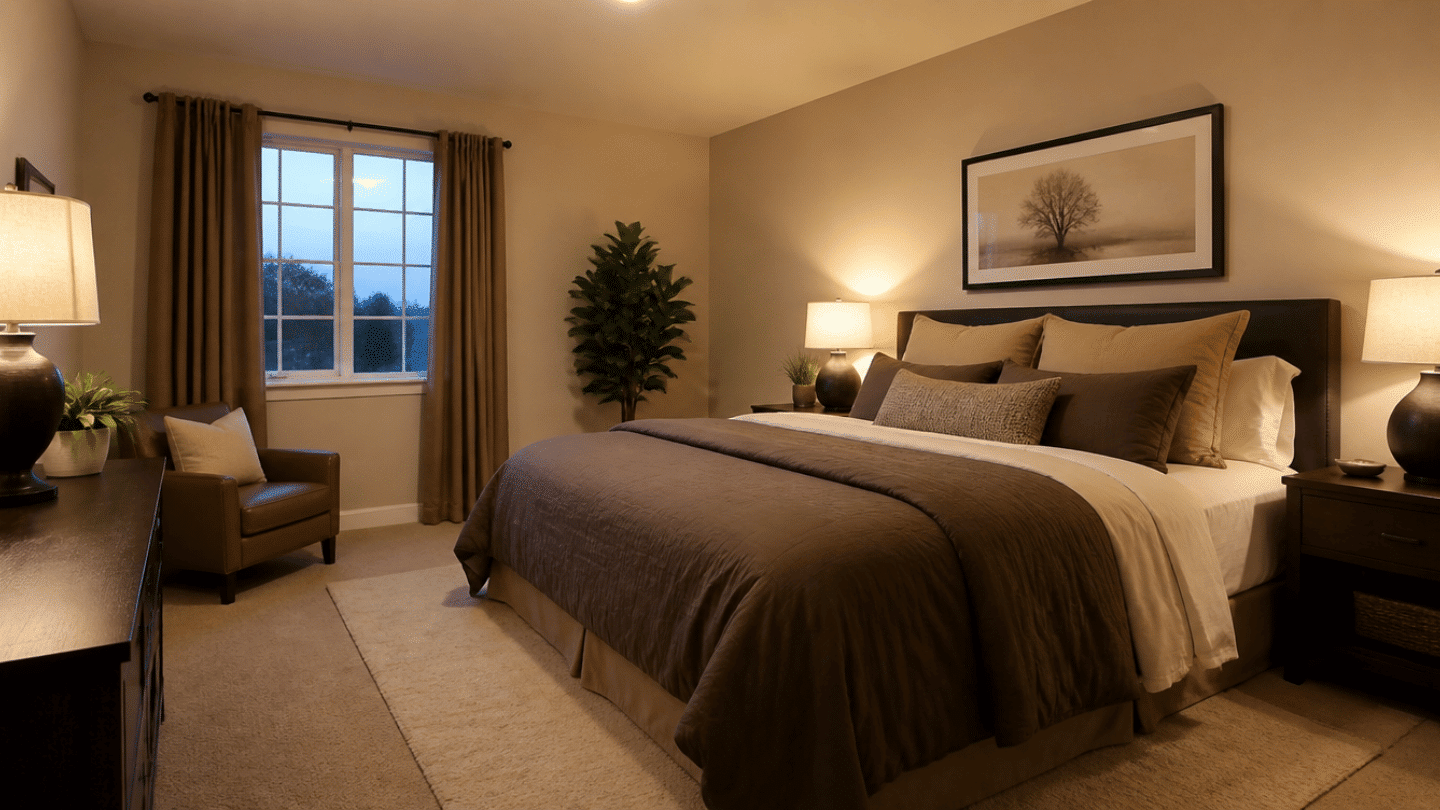 wide angle bedroom interior beige painted walls with brown bedding on a neatly made bed white sheets peeking through tan and taupe pillows light area rug under the bed wooden nightstands warm whit