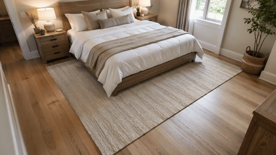 wide angle bedroom interior overhead slightly angled view showing a large neutral area rug placed under a queen bed rug extending beyond both sides of the bed white bedding with soft beige throw t