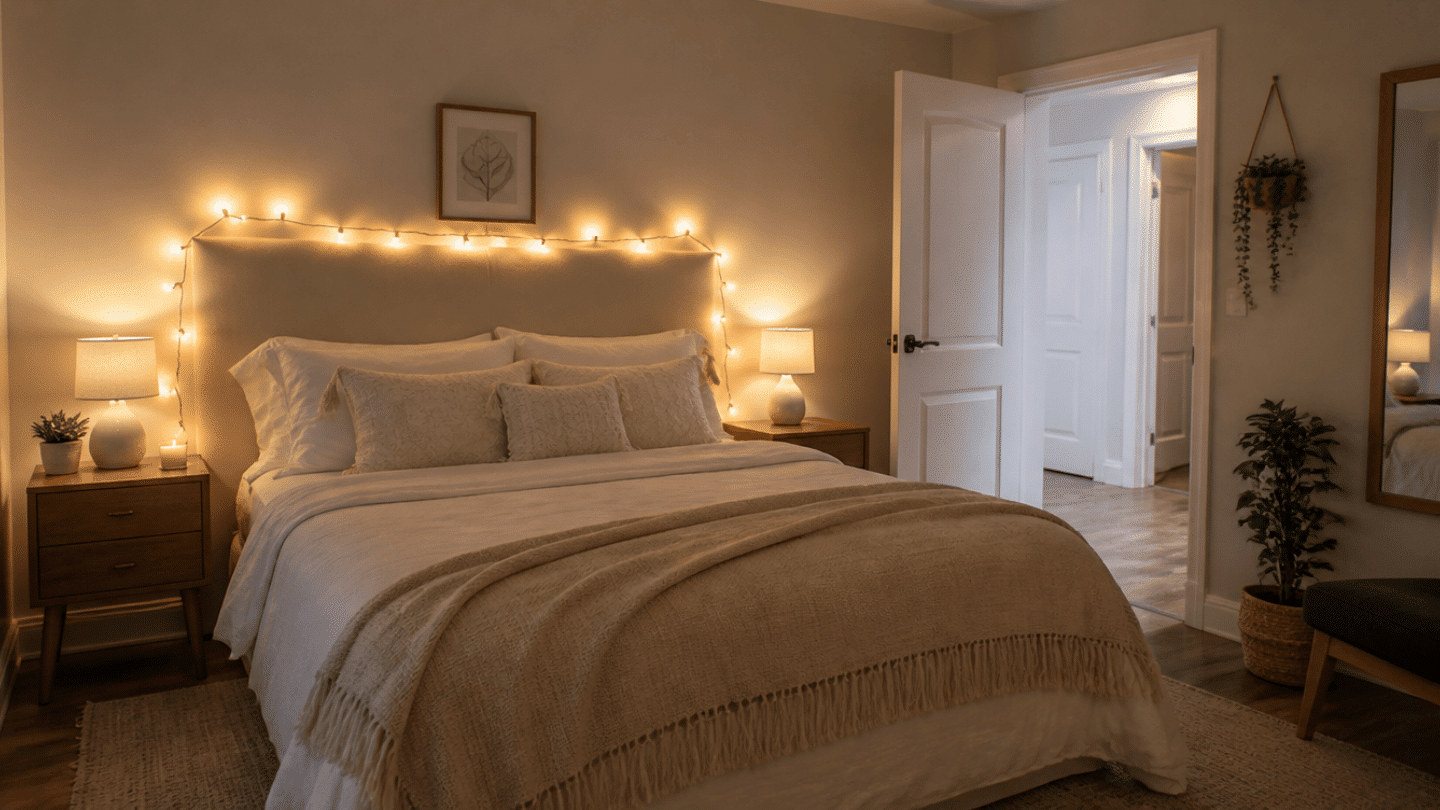 wide angle bedroom interior warm white string lights arranged around a simple headboard white and cream bedding beige throw blanket soft pillows small nightstands with lamps