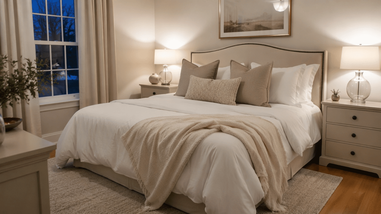 wide angle bedroom interior white bedding with a soft cream throw placed loosely across the lower part of the bed with beige and taupe pillows warm white bedside lamps