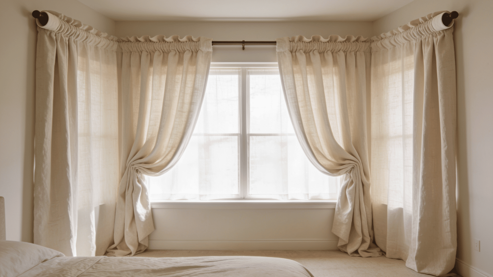 wide-angle bedroom photo of cream linen rod-pocket curtains gathered open beside a bright window, soft natural light.