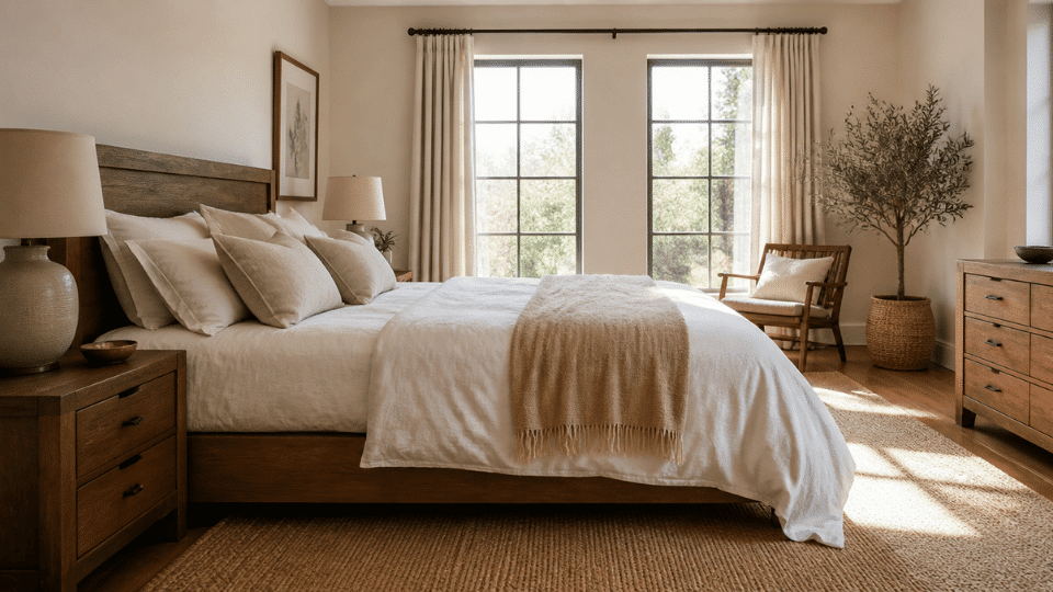 wide angle side view of a bedroom featuring a medium toned wooden bed frame natural linen bedding in soft white and oatmeal shades