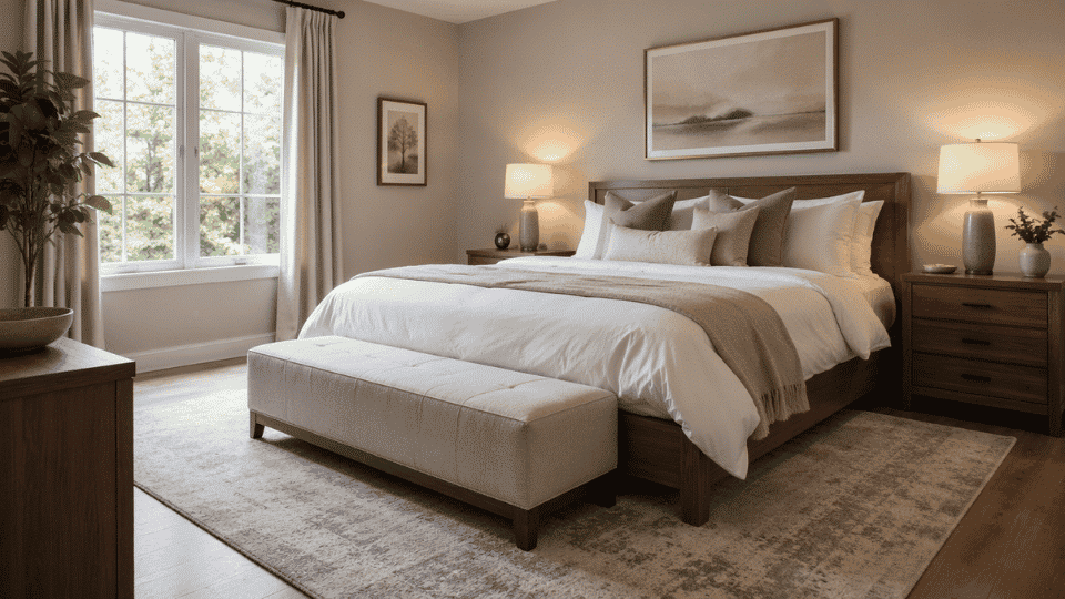 wide angle view of a bedroom featuring a low upholstered bench placed at the foot of the bed white bedding with beige throw and taupe pillows wooden bed frame matching nightstands with warm lamps