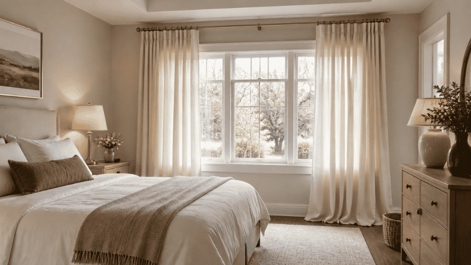 wide angle view of a bedroom window dressed with linen curtains in soft cream tones hanging from a brass curtain rod