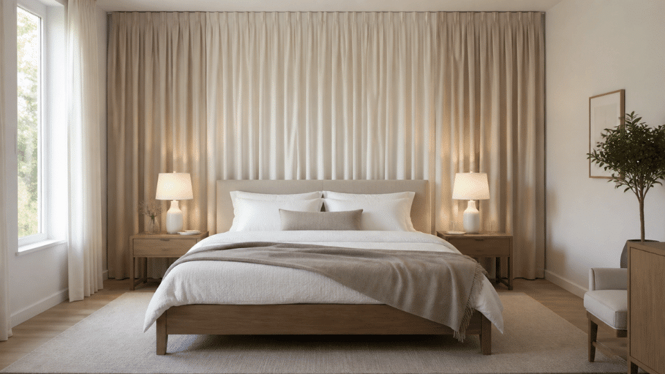 wide frontal view of a bed placed against a feature wall styled with floor length curtains covering the entire wall behind the headboard soft cream and beige curtain panels falling straight to the